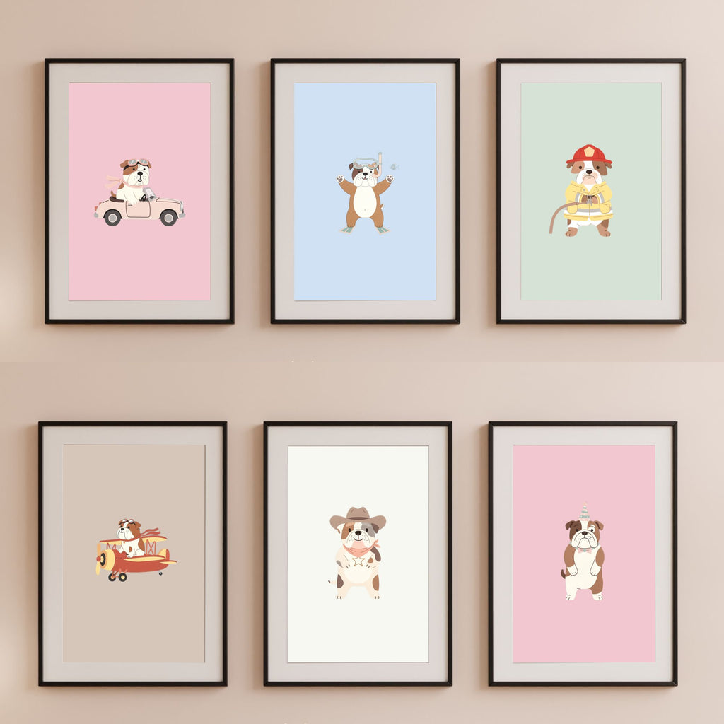 Bulldog Kids Nursery Wall Art Print Bundle — 22 Dog Costume Designs, 5 Colours, 6 Print Sizes | Digital Download