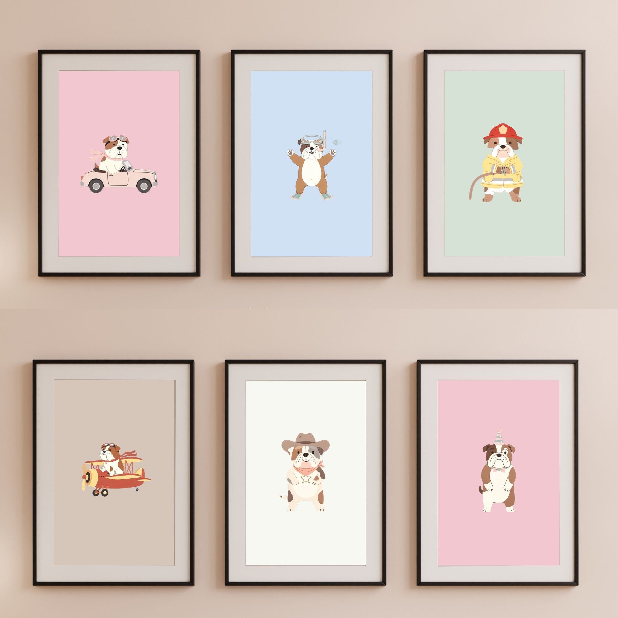 Bulldog Kids Nursery Wall Art Print Bundle — 22 Dog Costume Designs, 5 Colours, 6 Print Sizes | Digital Download