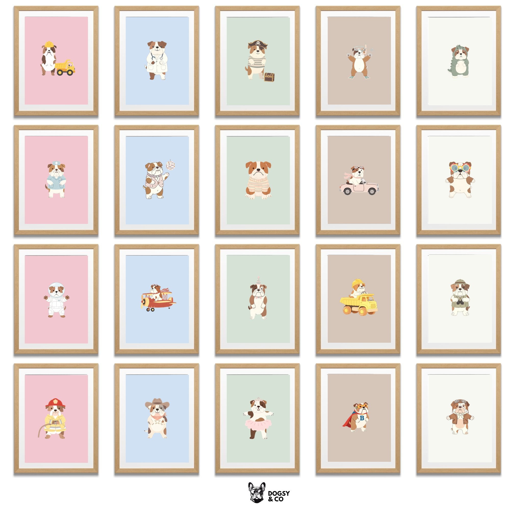 Bulldog Kids Nursery Wall Art Print Bundle — 22 Dog Costume Designs, 5 Colours, 6 Print Sizes | Digital Download
