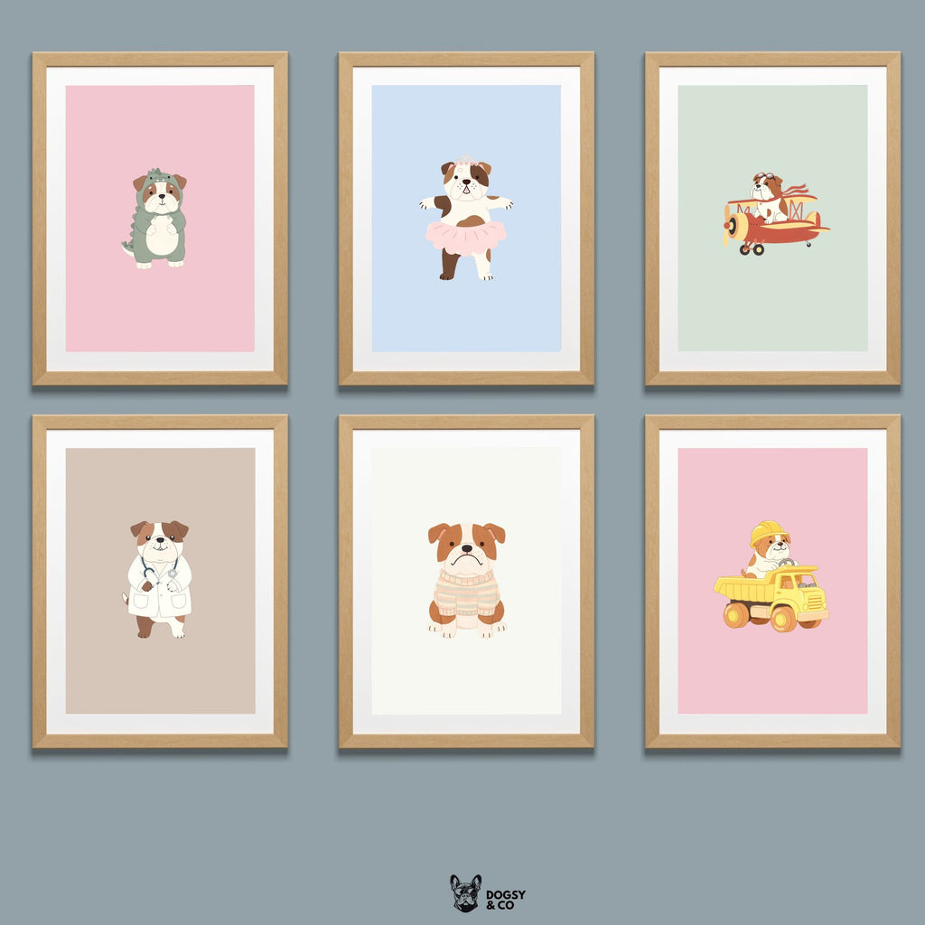 Bulldog Kids Nursery Wall Art Print Bundle — 22 Dog Costume Designs, 5 Colours, 6 Print Sizes | Digital Download