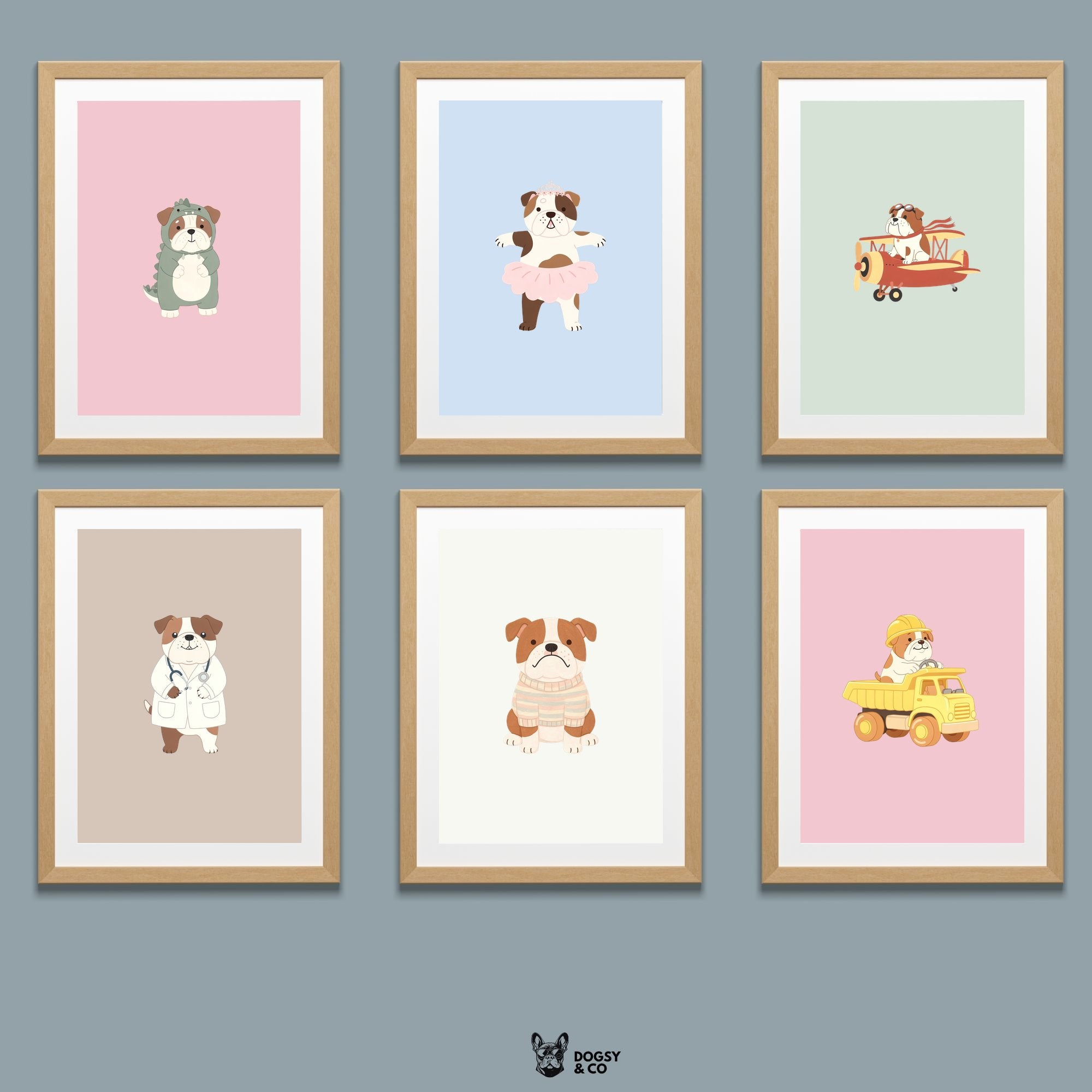 Bulldog Kids Nursery Wall Art Print Bundle — 22 Dog Costume Designs, 5 Colours, 6 Print Sizes | Digital Download