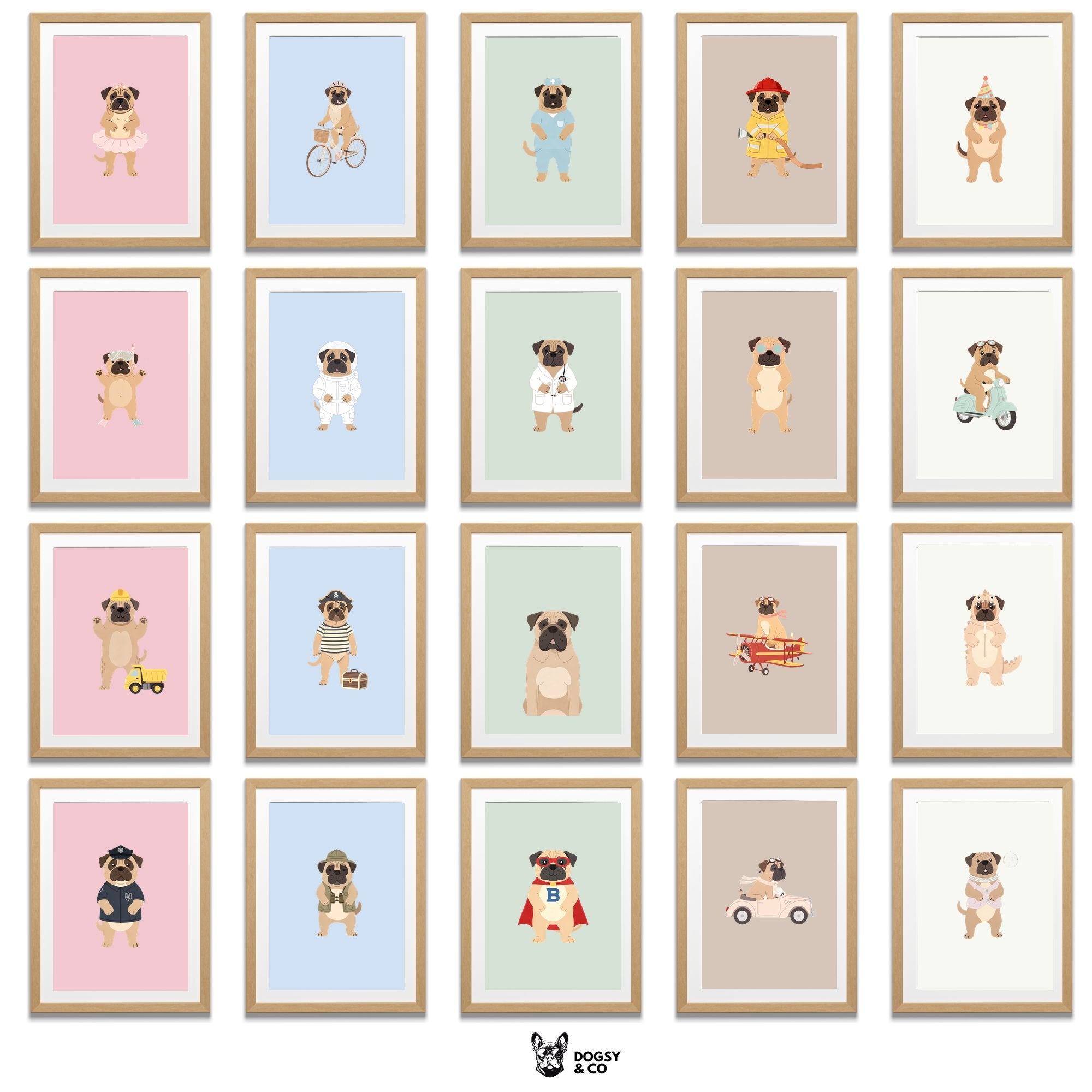 Bullmastiff Kids Nursery Wall Art Print Bundle — 22 Dog Costume Designs, 5 Colours, 6 Print Sizes | Digital Download