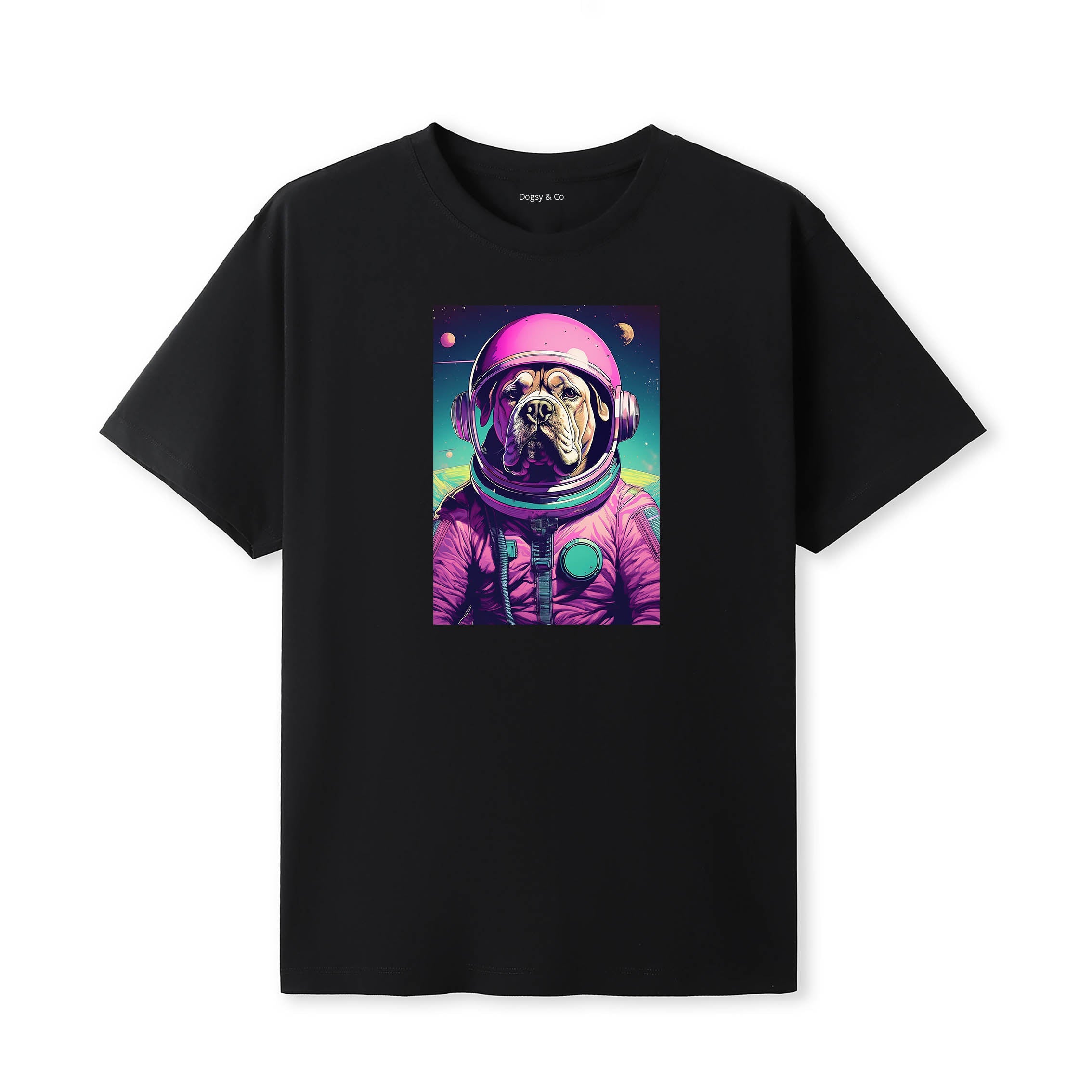 Bullmastiff Space Dogs T-Shirt colourful astronaut dog artwork in a retro space design
