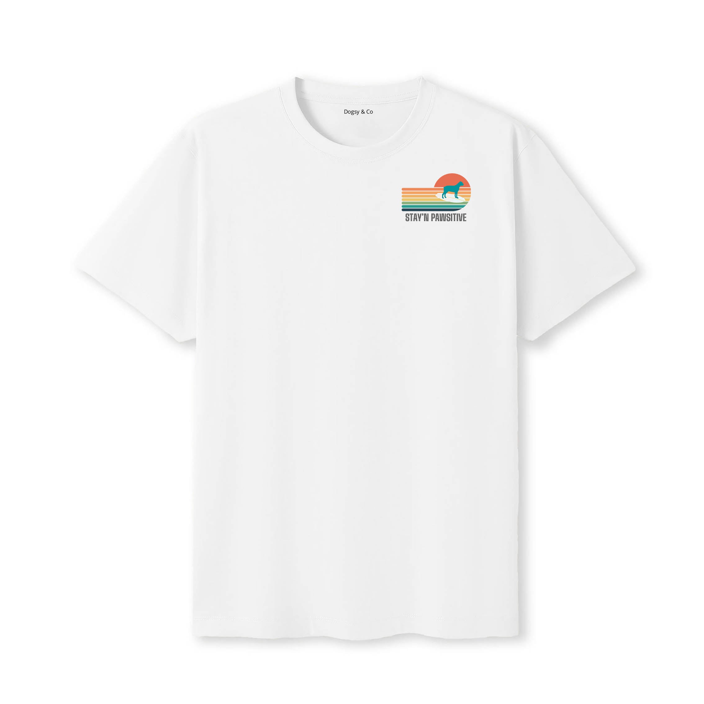 Cane Corso Stay'n Pawsitive Retro Surfer Dog T-Shirt - Full View | Dogsy & Co