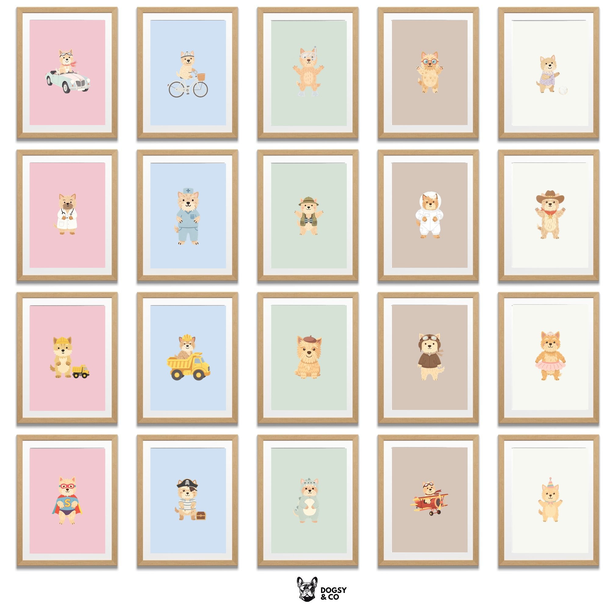 Cairn Terrier Kids Nursery Wall Art Print Bundle — 22 Dog Costume Designs, 5 Colours, 6 Print Sizes | Digital Download
