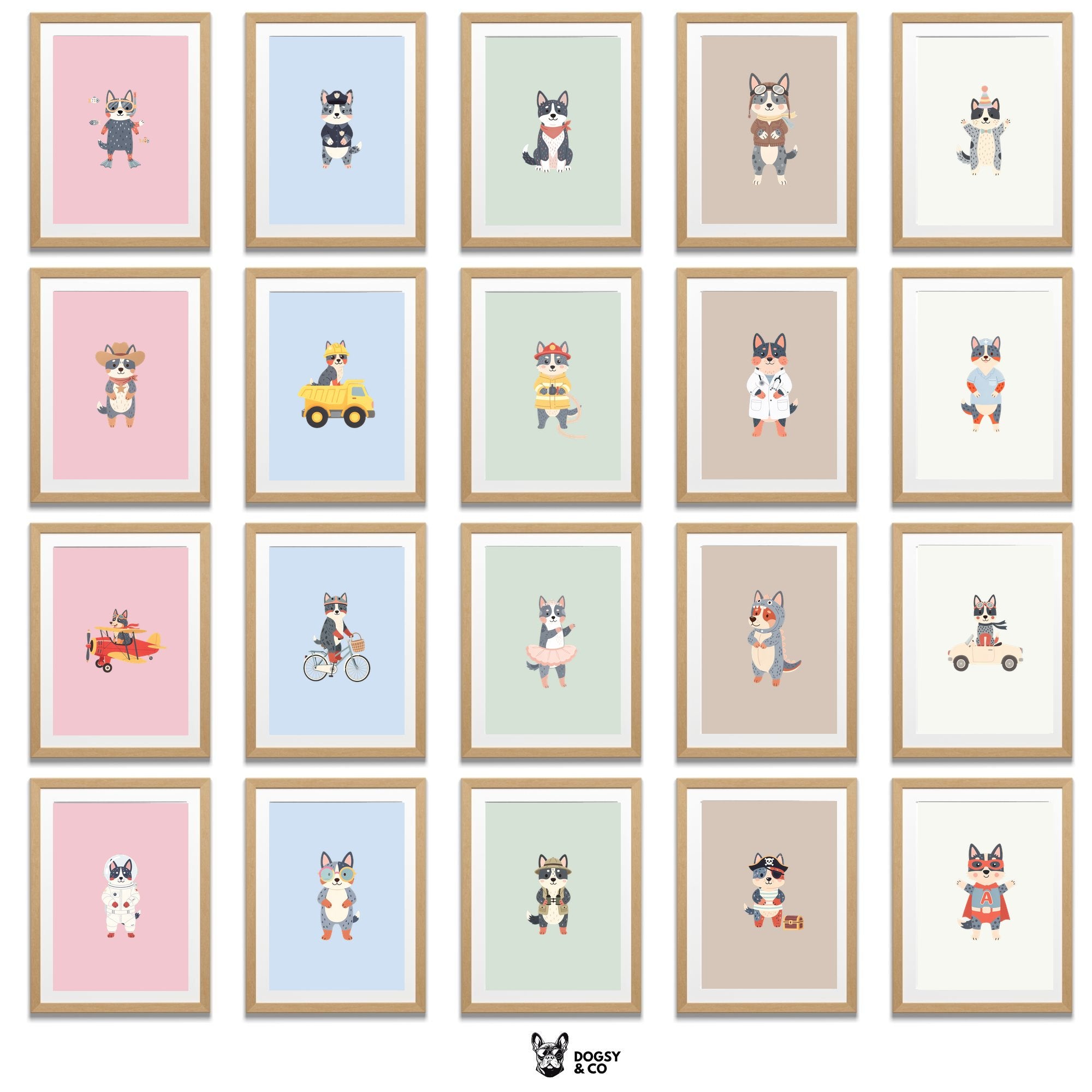 Cattle Dog Kids Nursery Wall Art Print Bundle — 22 Dog Costume Designs, 5 Colours, 6 Print Sizes | Digital Download