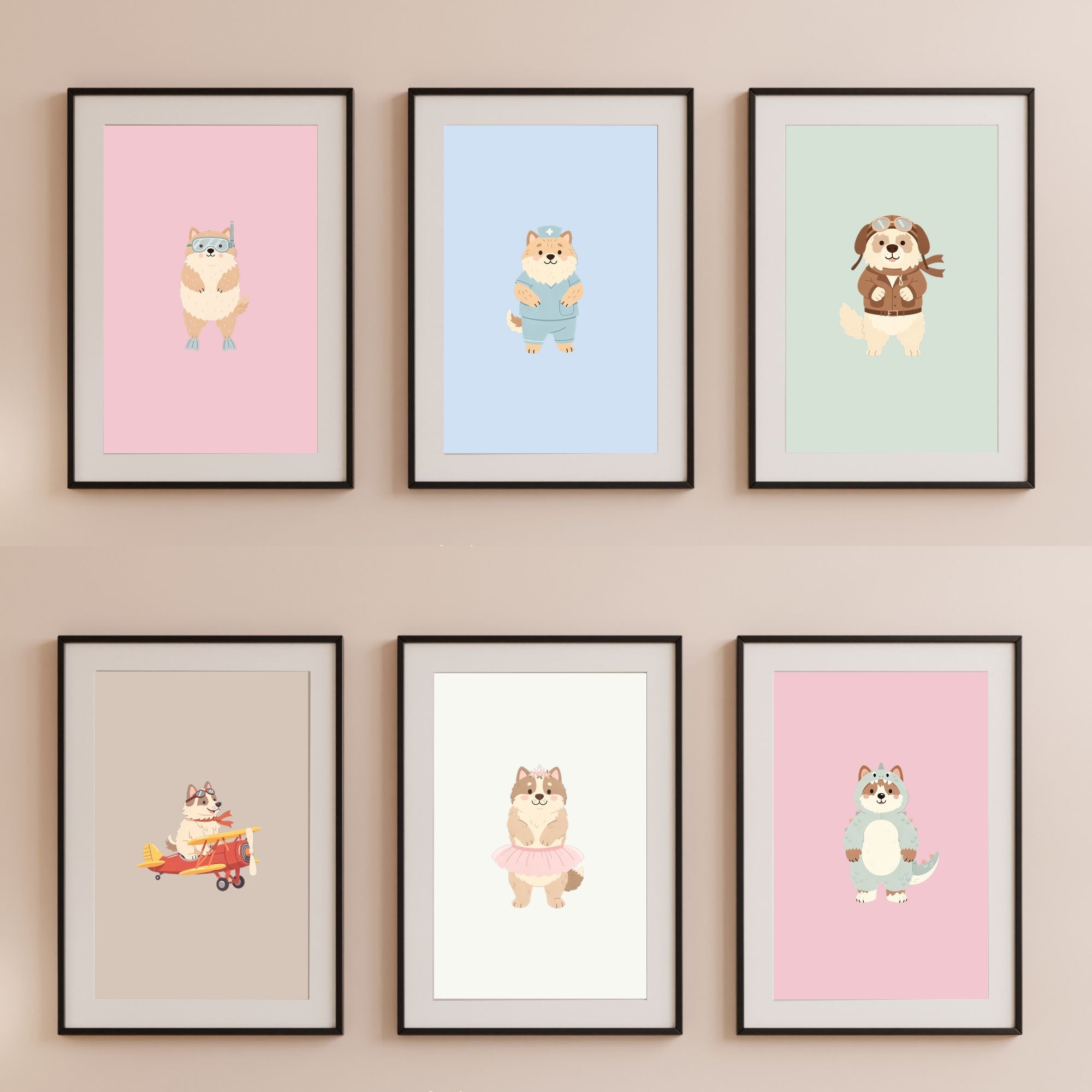 Caucasian Kids Nursery Wall Art Print Bundle — 22 Dog Costume Designs, 5 Colours, 6 Print Sizes | Digital Download