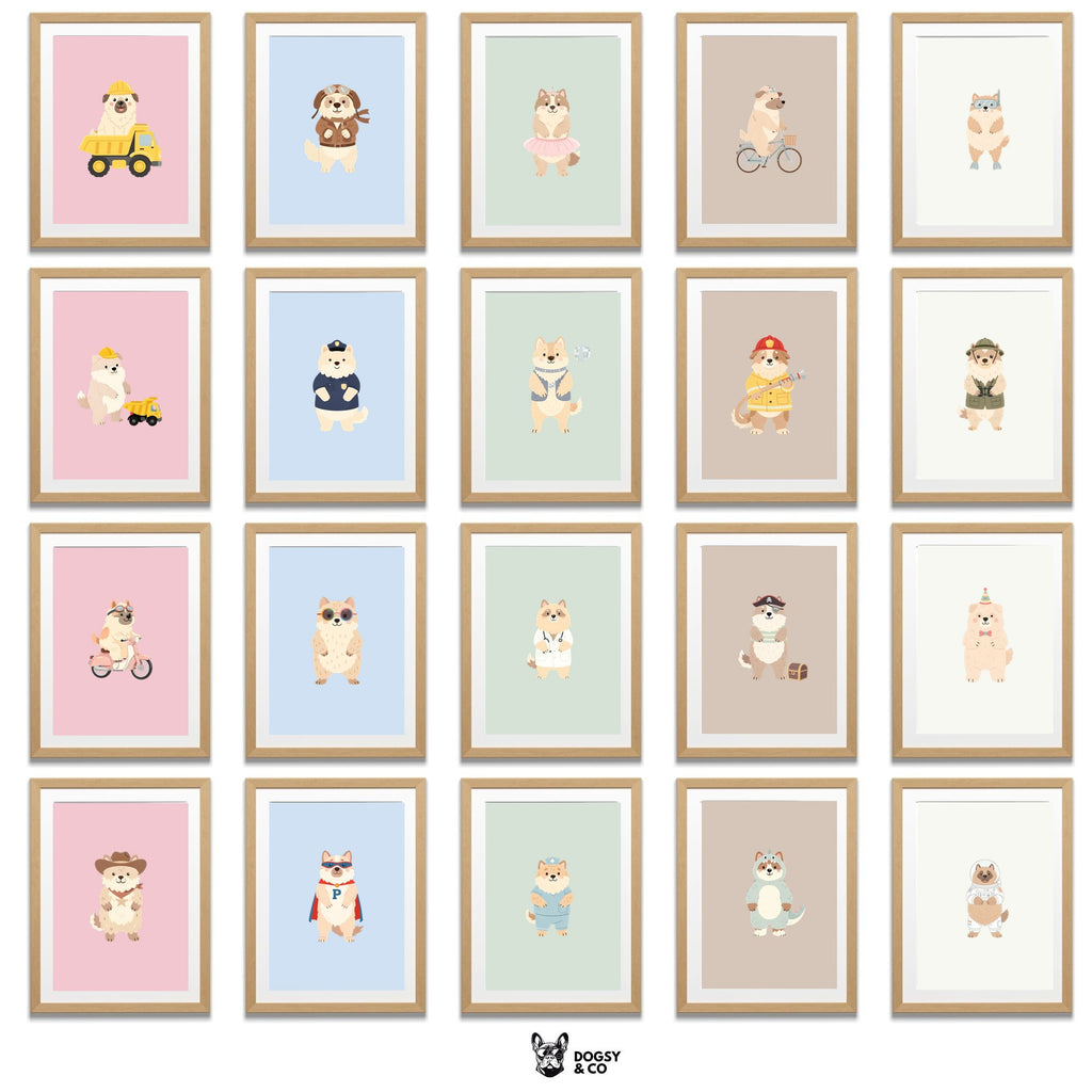 Caucasian Kids Nursery Wall Art Print Bundle — 22 Dog Costume Designs, 5 Colours, 6 Print Sizes | Digital Download