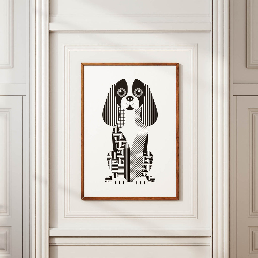 Cavalier Spaniel Geometric Line Art Print - Framed Mockup