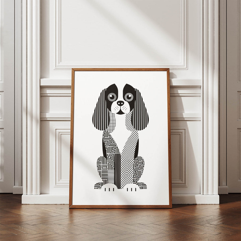 Cavalier Spaniel Geometric Line Art Print - Framed Mockup