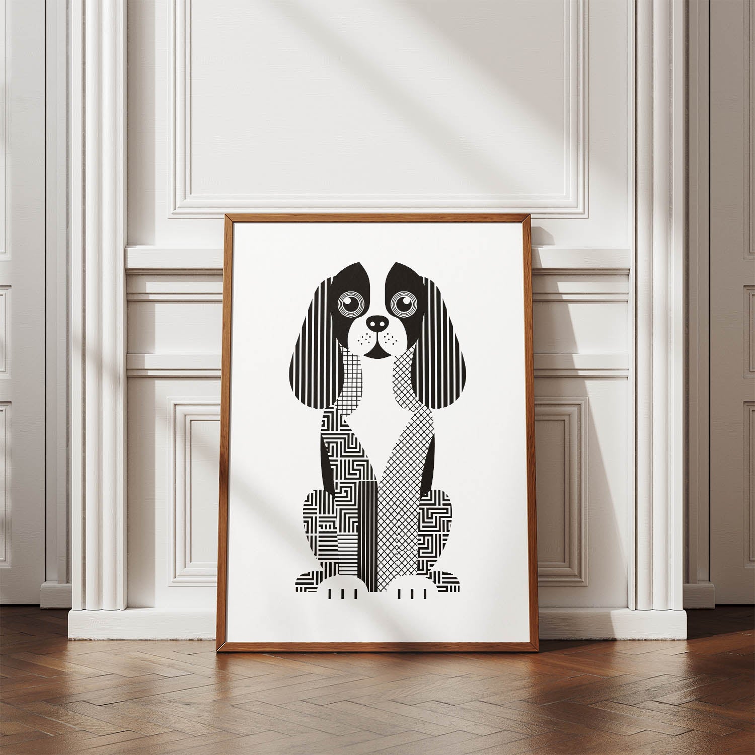 Cavalier Spaniel Geometric Line Art Print - Framed Mockup