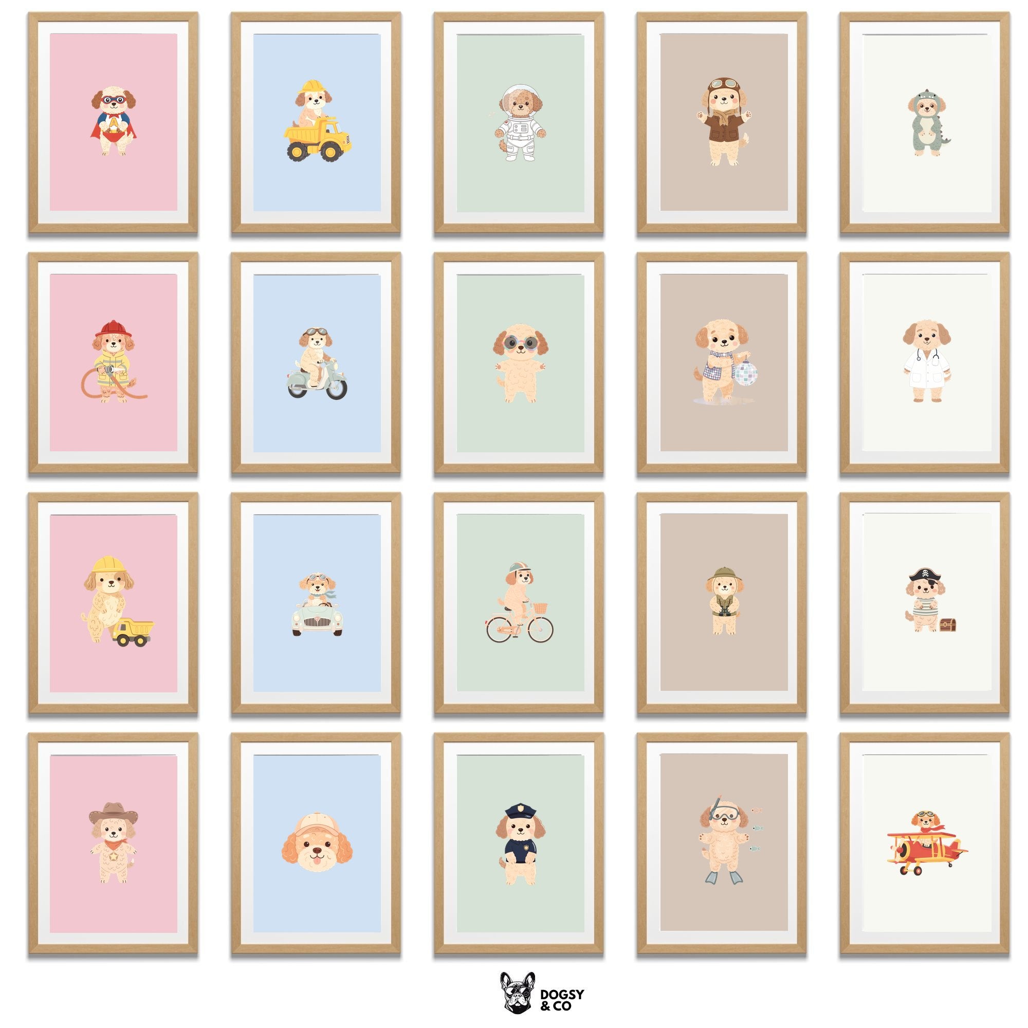 Cavoodle Kids Nursery Wall Art Print Bundle — 22 Dog Costume Designs, 5 Colours, 6 Print Sizes | Digital Download