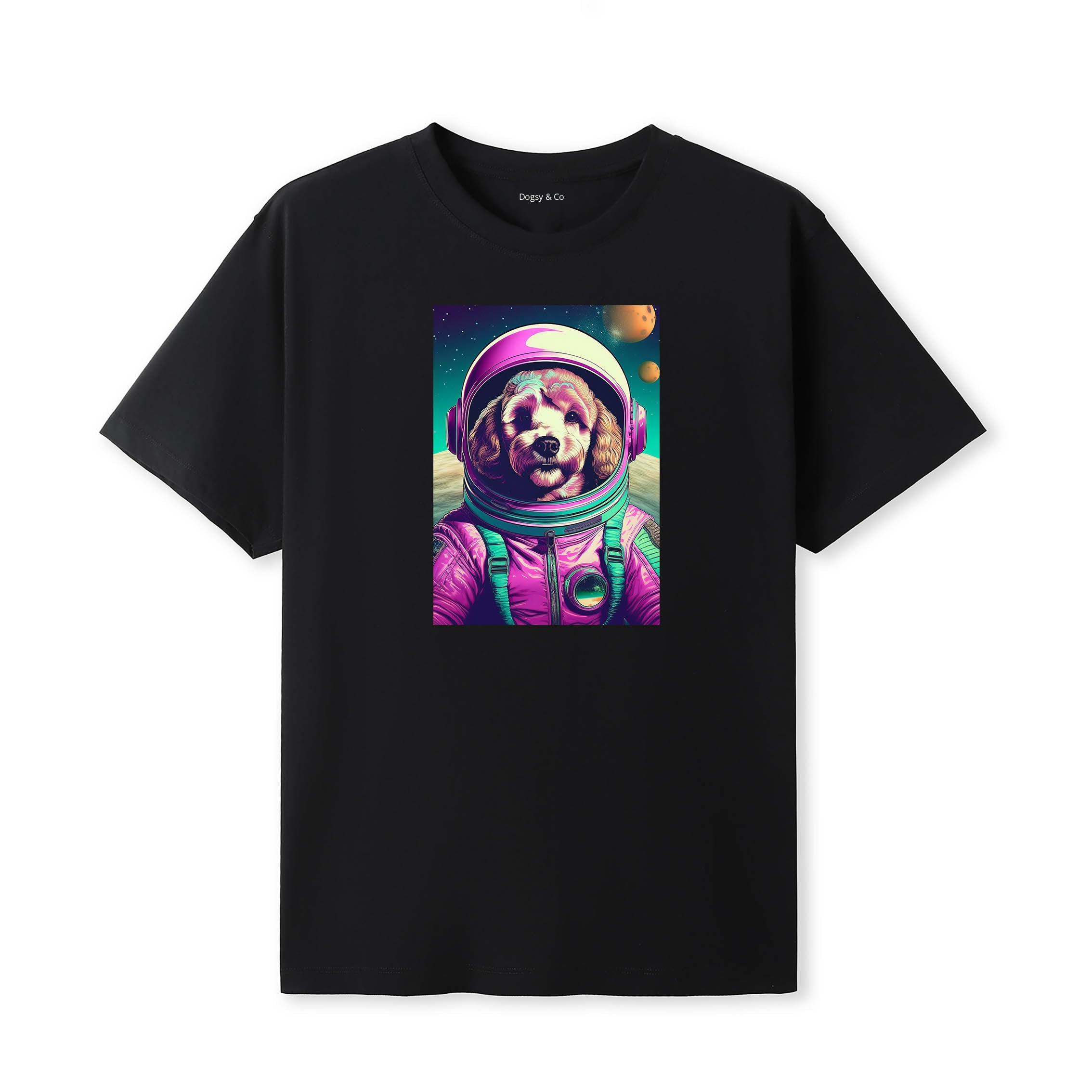 Cavoodle Space Dogs T-Shirt colourful astronaut dog artwork in a retro space design