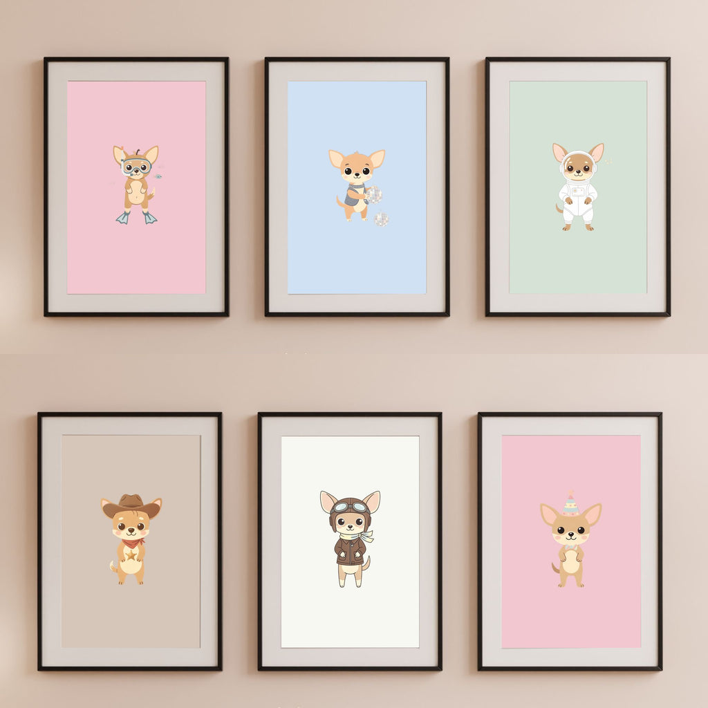 Chihuahua Kids Nursery Wall Art Print Bundle — 22 Dog Costume Designs, 5 Colours, 6 Print Sizes | Digital Download