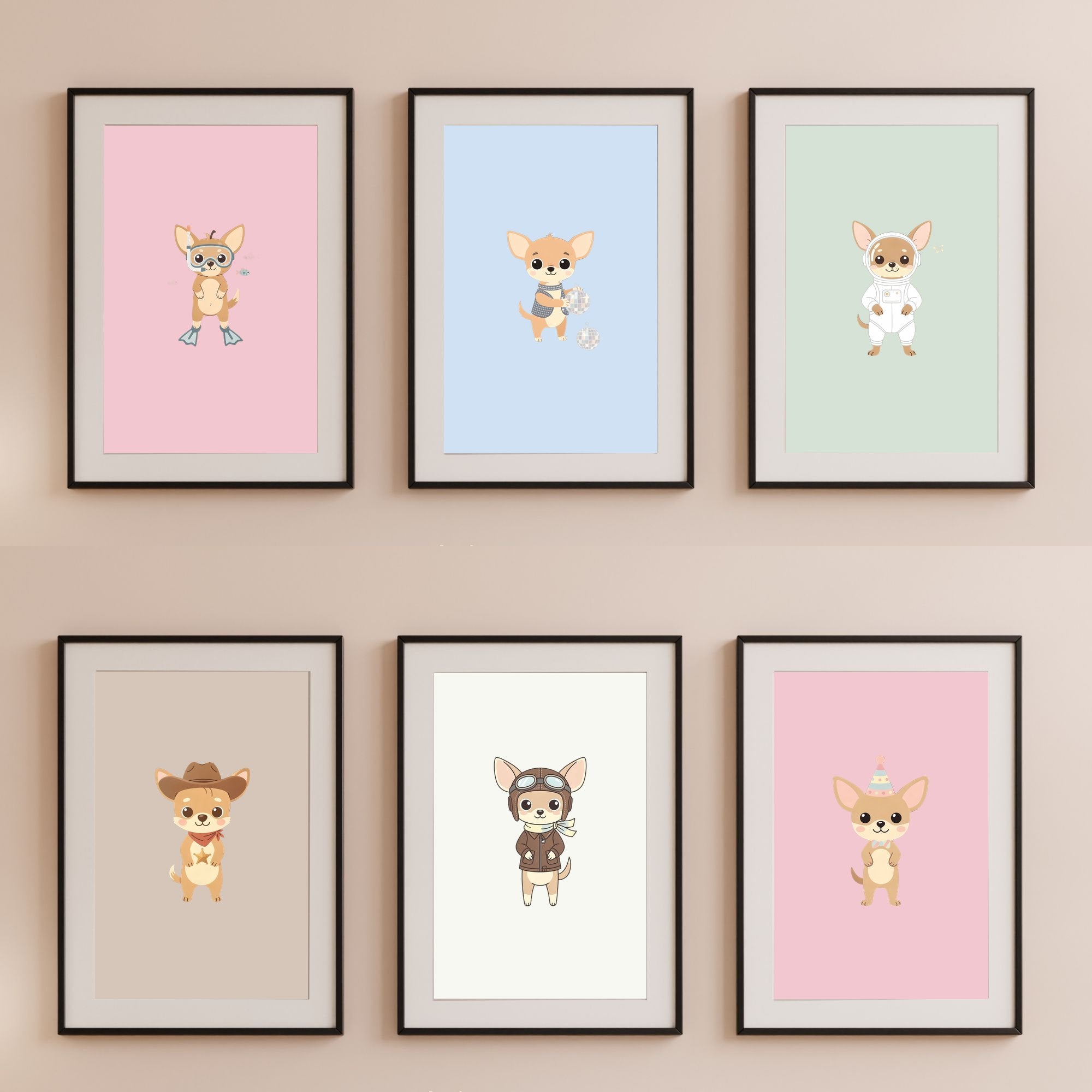 Chihuahua Kids Nursery Wall Art Print Bundle — 22 Dog Costume Designs, 5 Colours, 6 Print Sizes | Digital Download