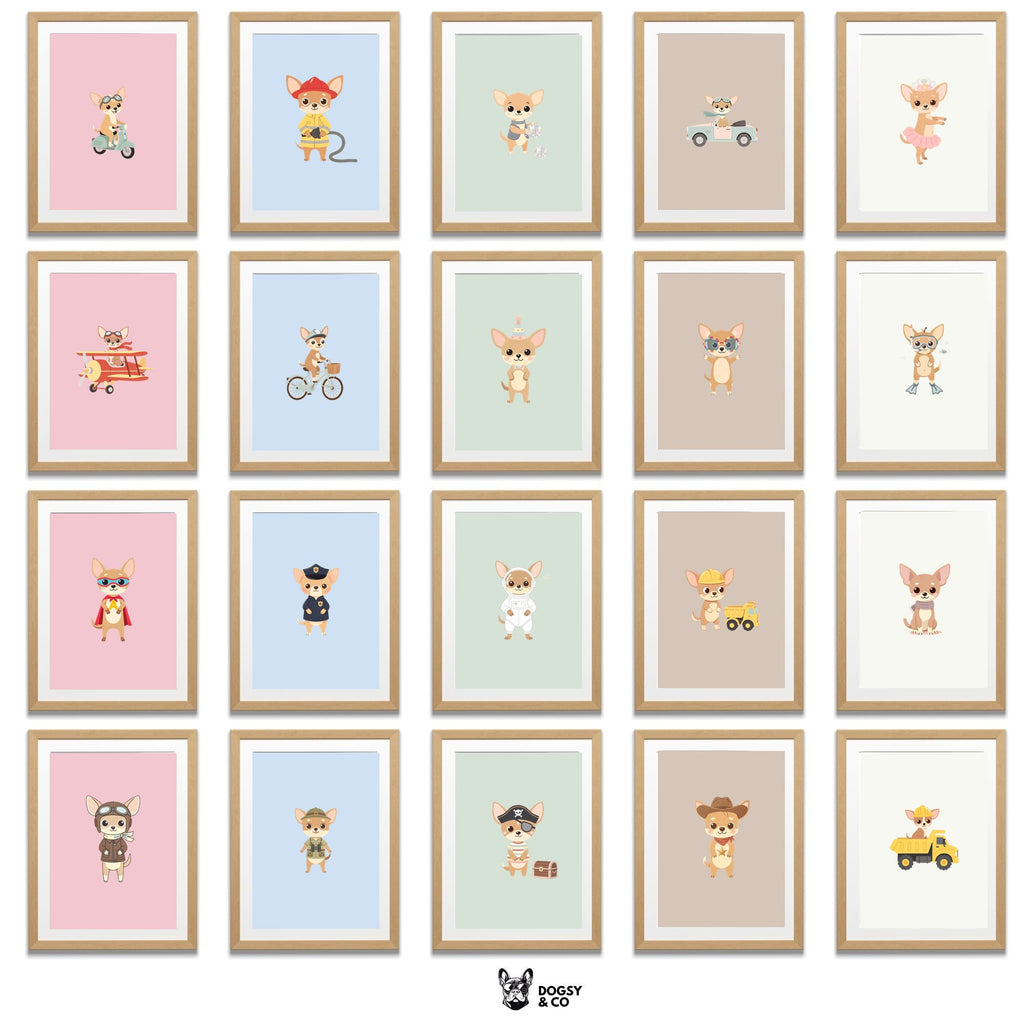Chihuahua Kids Nursery Wall Art Print Bundle — 22 Dog Costume Designs, 5 Colours, 6 Print Sizes | Digital Download