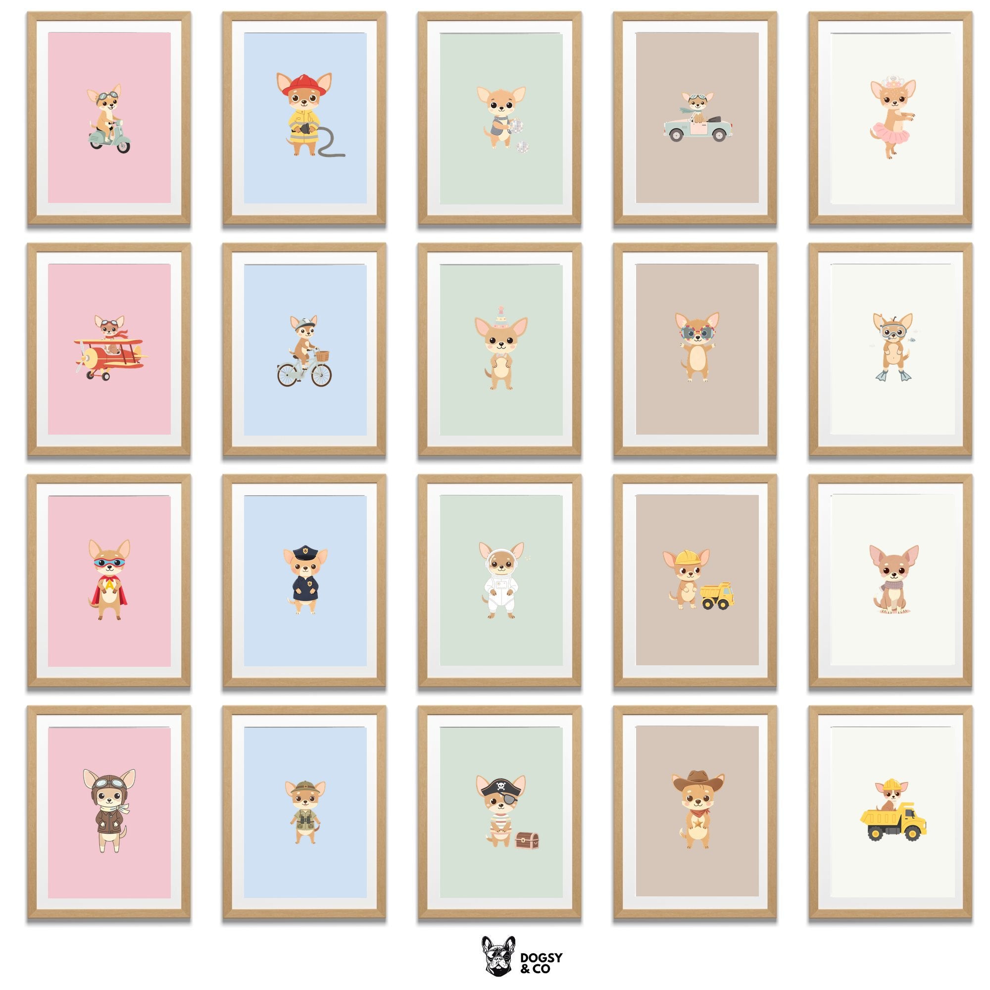 Chihuahua Kids Nursery Wall Art Print Bundle — 22 Dog Costume Designs, 5 Colours, 6 Print Sizes | Digital Download