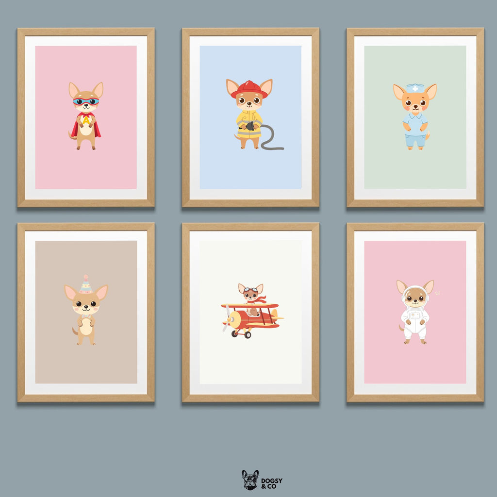 Chihuahua Kids Nursery Wall Art Print Bundle — 22 Dog Costume Designs, 5 Colours, 6 Print Sizes | Digital Download