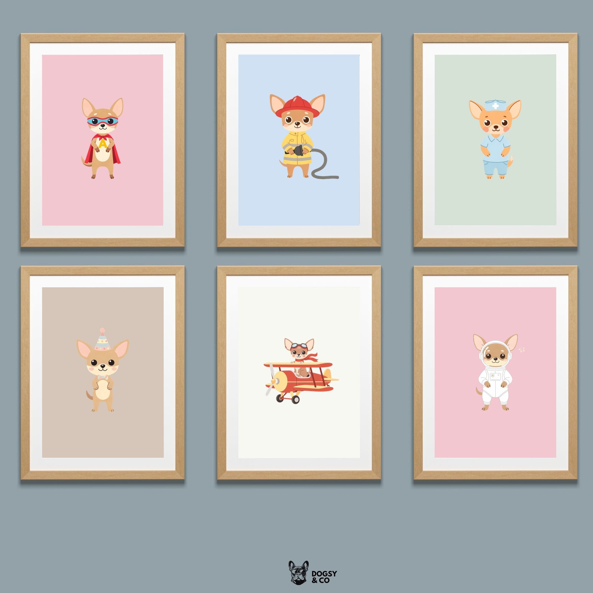 Chihuahua Kids Nursery Wall Art Print Bundle — 22 Dog Costume Designs, 5 Colours, 6 Print Sizes | Digital Download