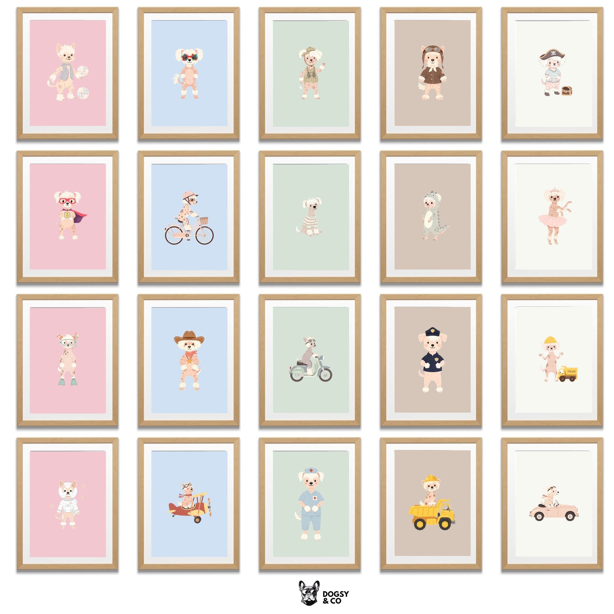 Chinese Crested Kids Nursery Wall Art Print Bundle — 22 Dog Costume Designs, 5 Colours, 6 Print Sizes | Digital Download