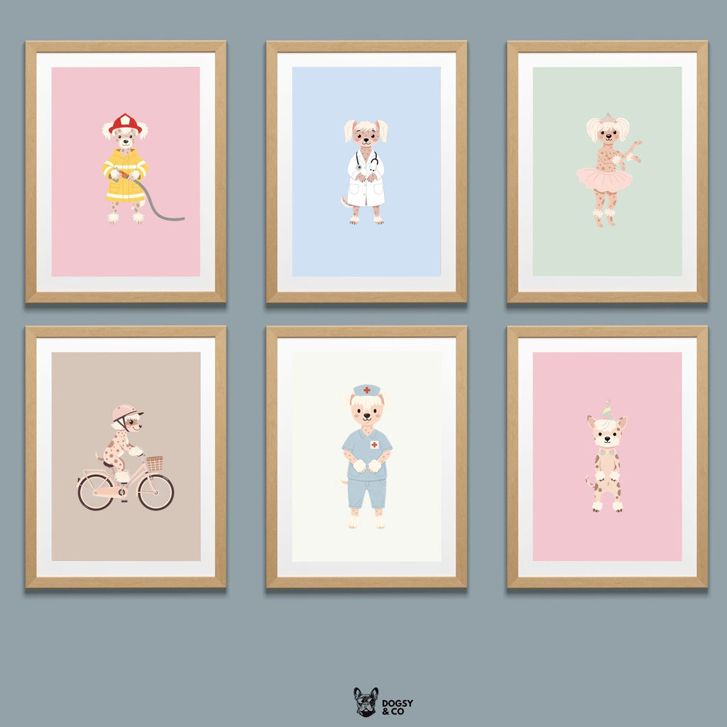 Chinese Crested Kids Nursery Wall Art Print Bundle — 22 Dog Costume Designs, 5 Colours, 6 Print Sizes | Digital Download