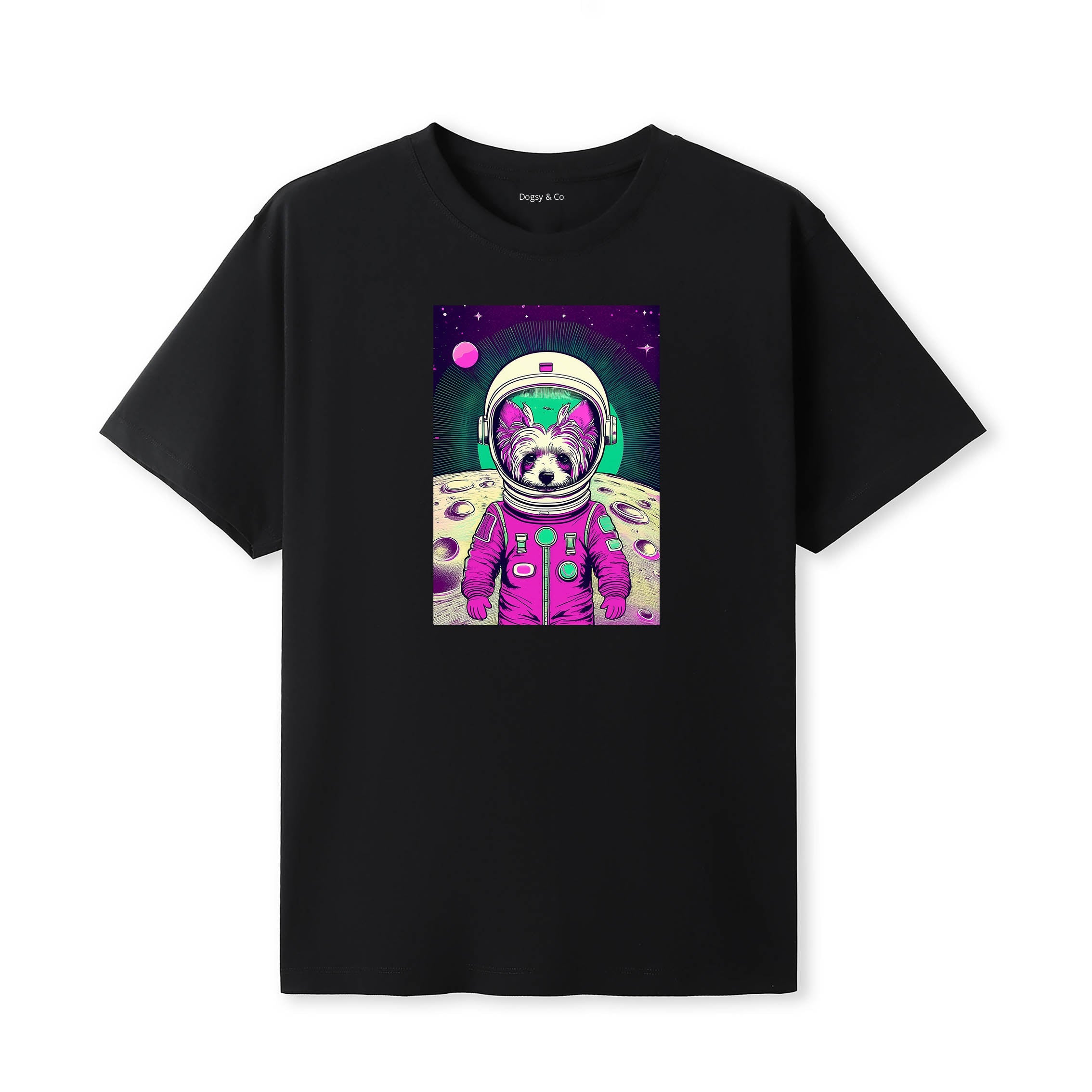 Chinese Crested Space Dogs T-Shirt colourful astronaut dog artwork in a retro space design