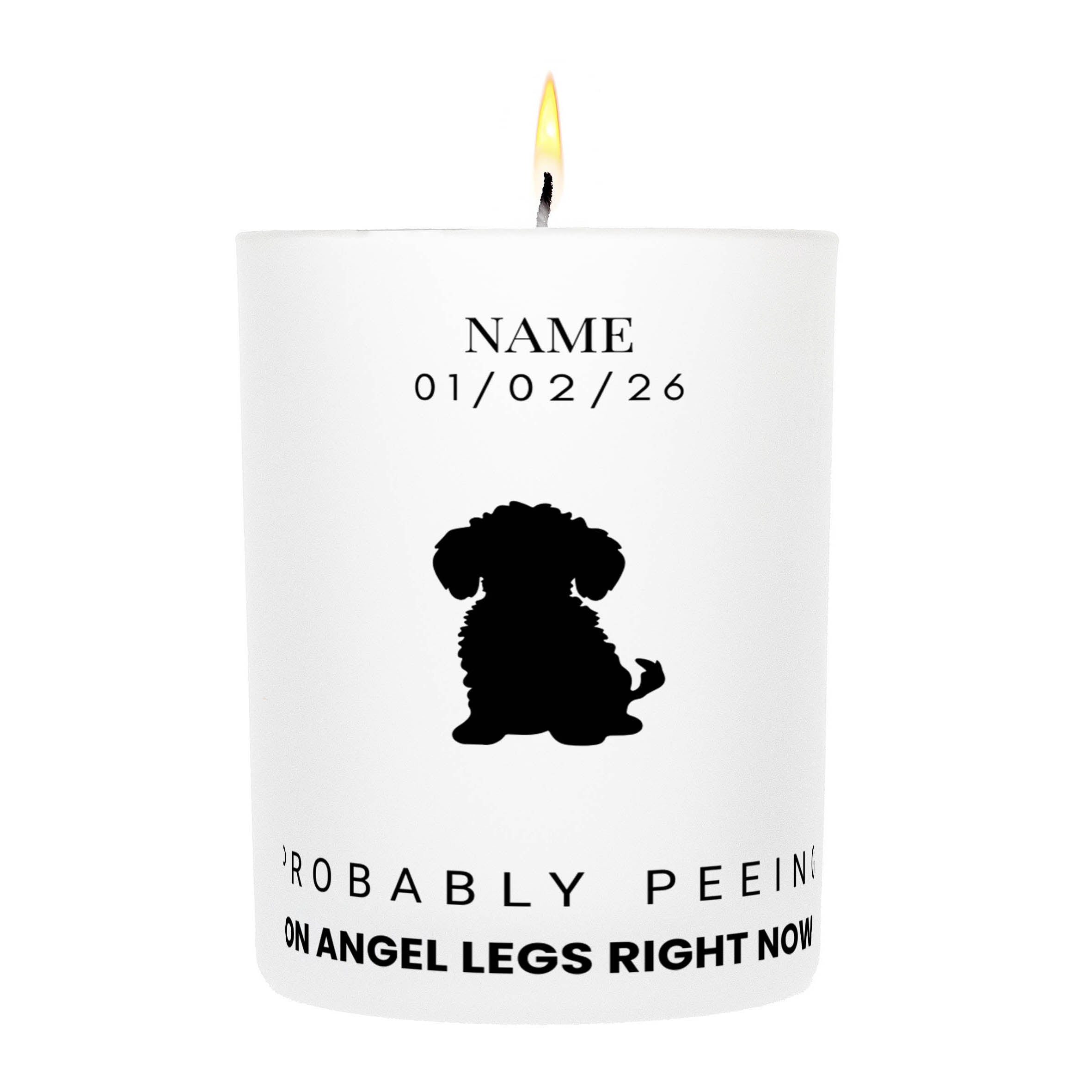 Cockapoo – Probably Peeing on Angel Legs Right Now Custom Candle