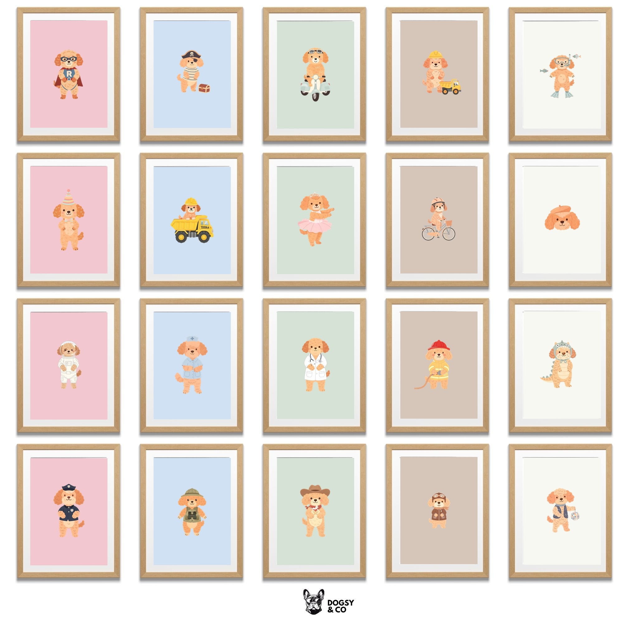 Cockapoo Kids Nursery Wall Art Print Bundle — 22 Dog Costume Designs, 5 Colours, 6 Print Sizes | Digital Download