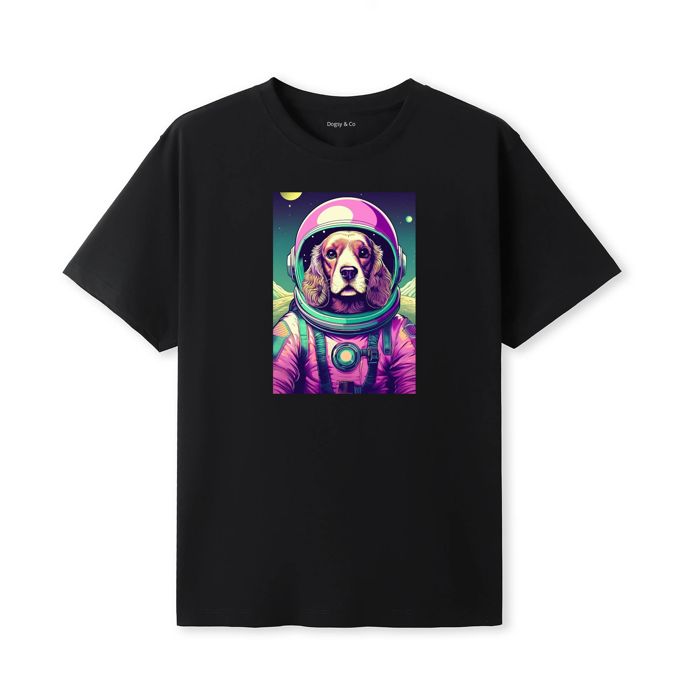Cocker Spaniel Space Dogs T-Shirt colourful astronaut dog artwork in a retro space design