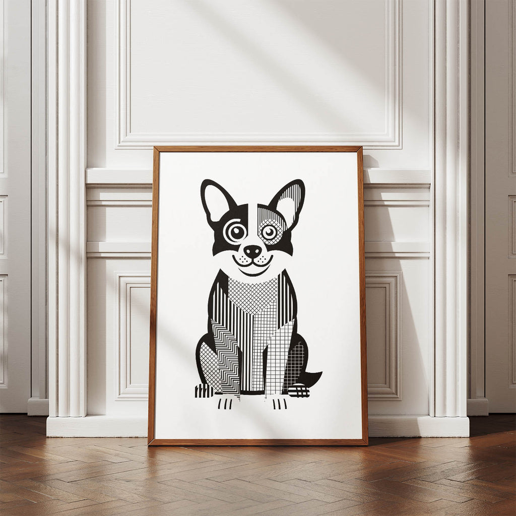 Corgi Geometric Line Art Print - Framed Mockup