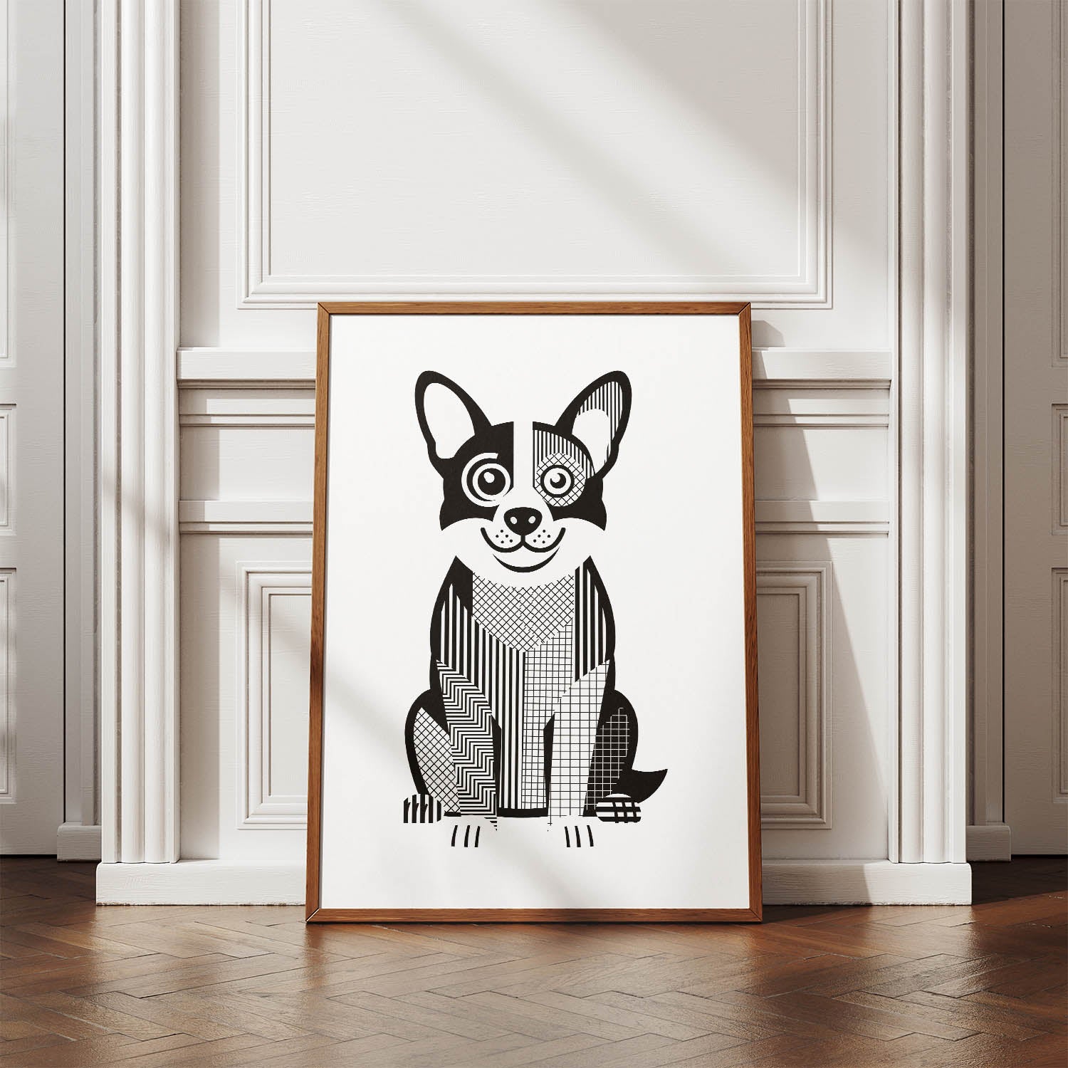 Corgi Geometric Line Art Print - Framed Mockup