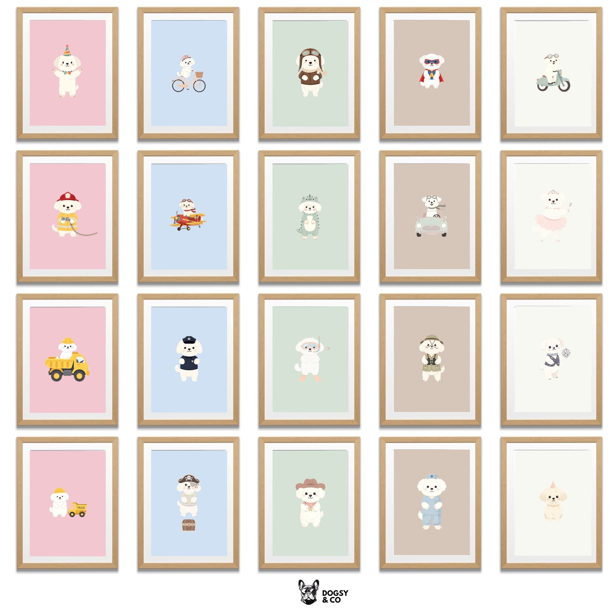 Coton de Tulear Kids Nursery Wall Art Print Bundle — 22 Dog Costume Designs, 5 Colours, 6 Print Sizes | Digital Download