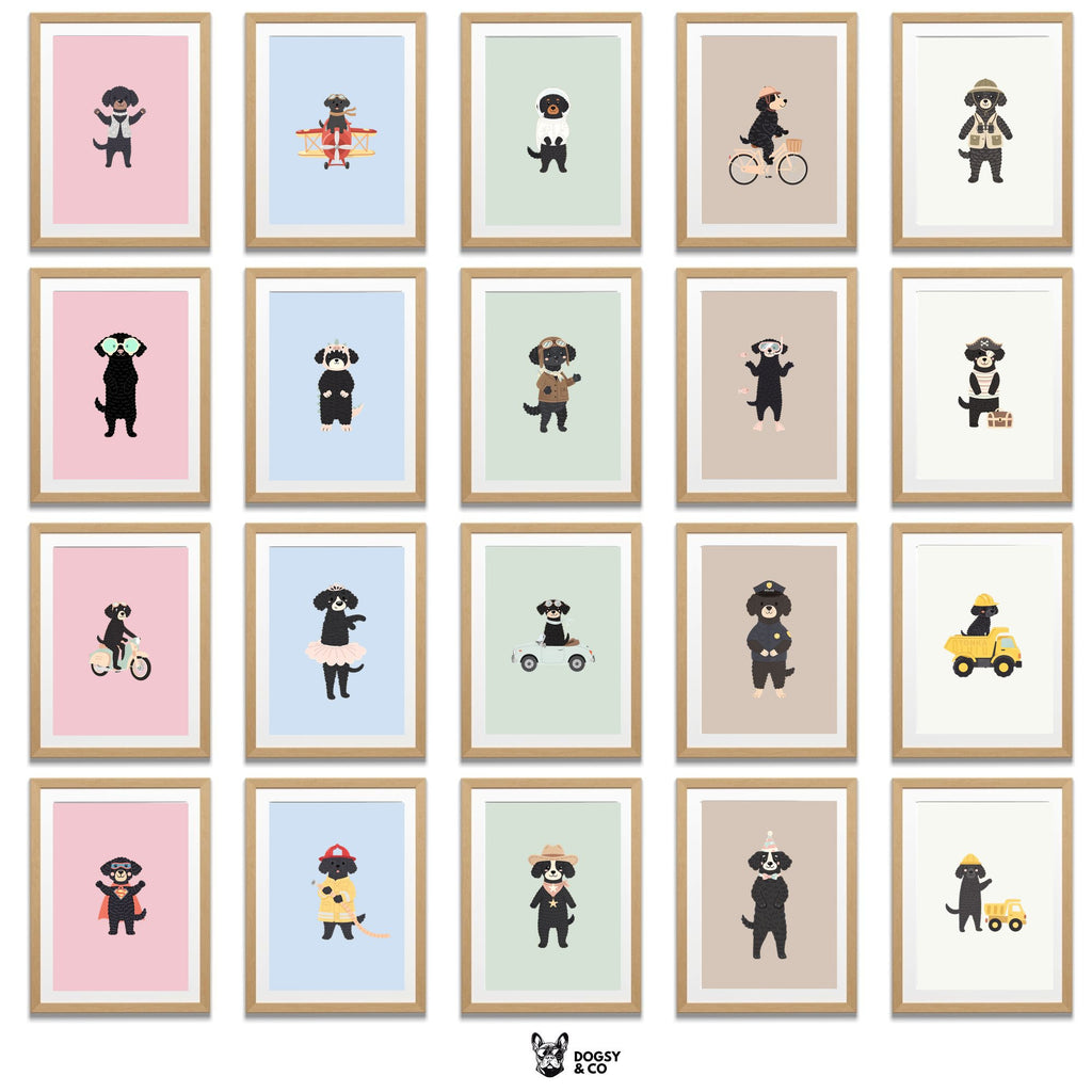 Curly Coated Retriever Kids Nursery Wall Art Print Bundle — 22 Dog Costume Designs, 5 Colours, 6 Print Sizes | Digital Download