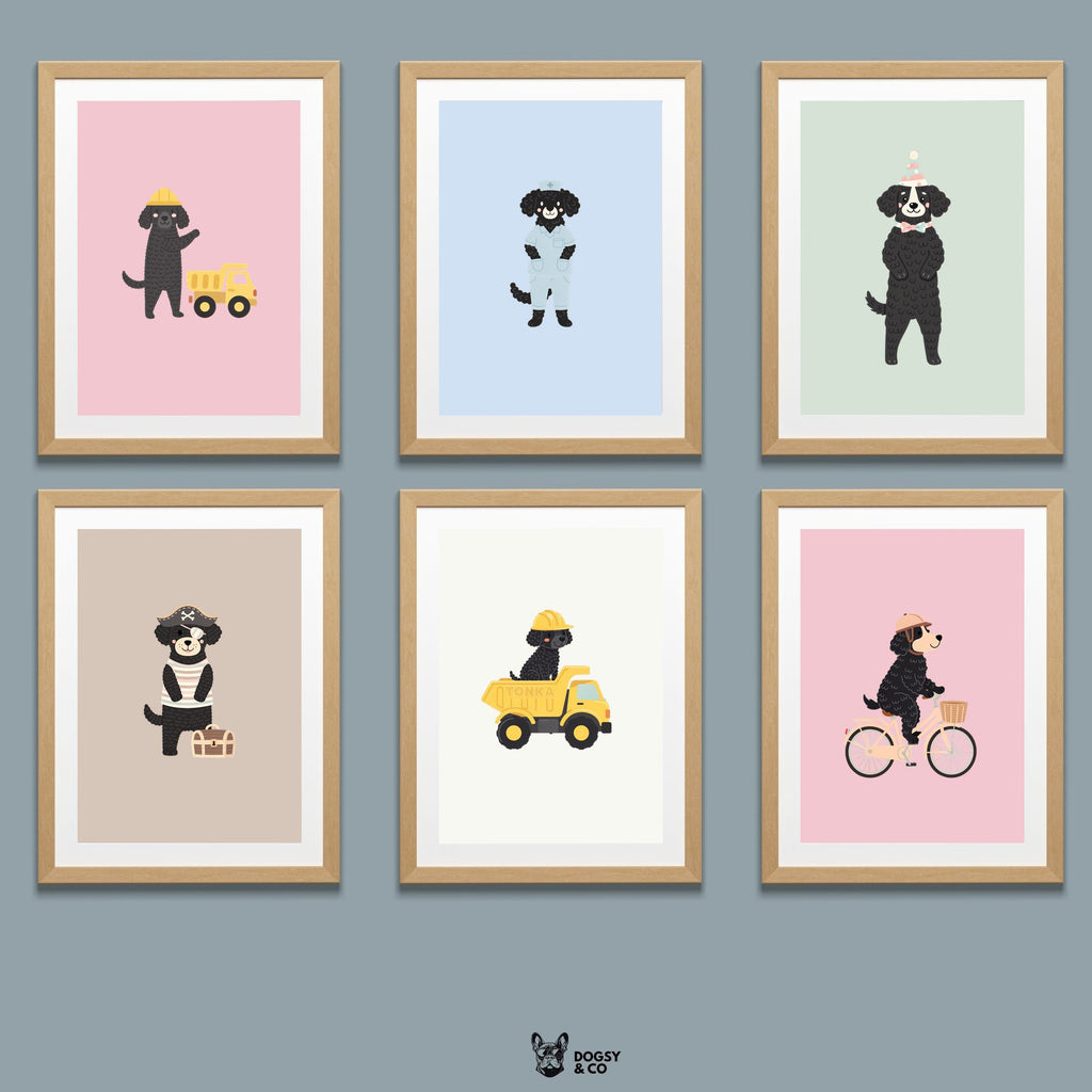 Curly Coated Retriever Kids Nursery Wall Art Print Bundle — 22 Dog Costume Designs, 5 Colours, 6 Print Sizes | Digital Download