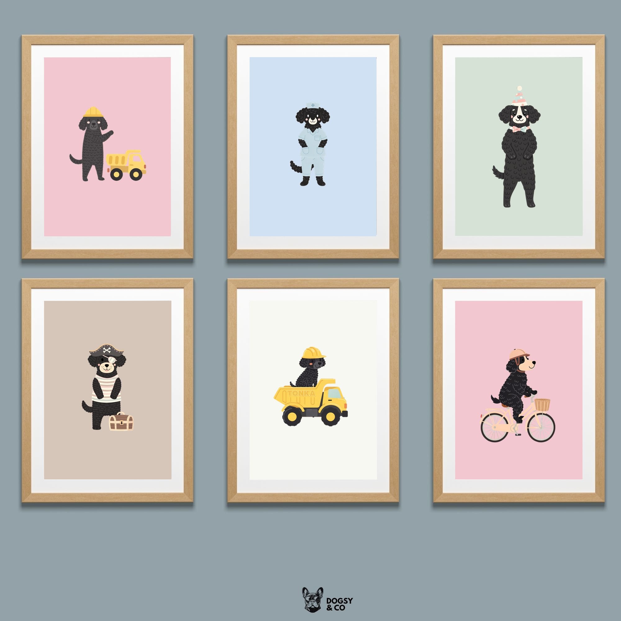 Curly Coated Retriever Kids Nursery Wall Art Print Bundle — 22 Dog Costume Designs, 5 Colours, 6 Print Sizes | Digital Download