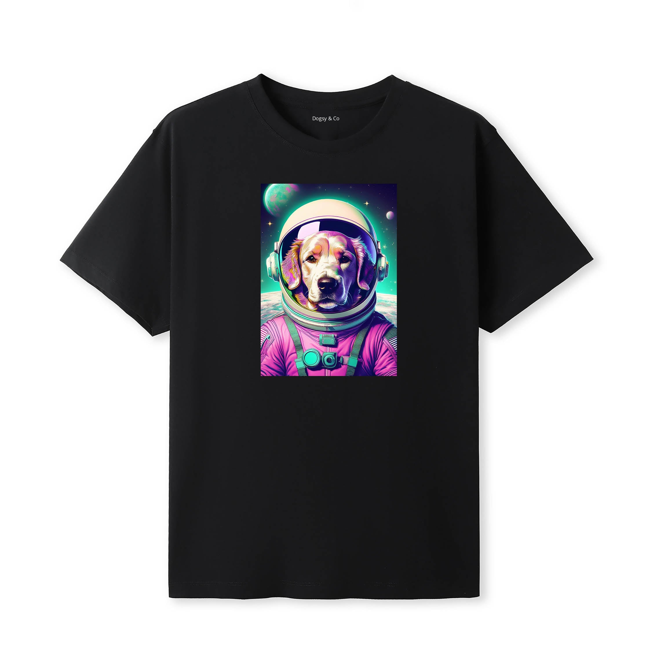 Curly Coated Retriever Space Dogs T-Shirt colourful astronaut dog artwork in a retro space design