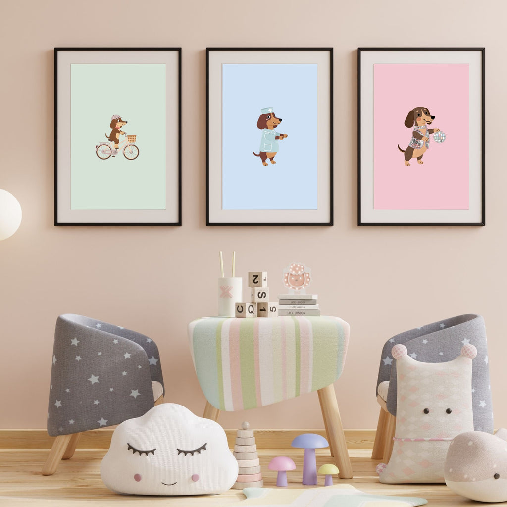 Dachshund Kids Nursery Wall Art Print Bundle — 22 Dog Costume Designs, 5 Colours, 6 Print Sizes | Digital Download
