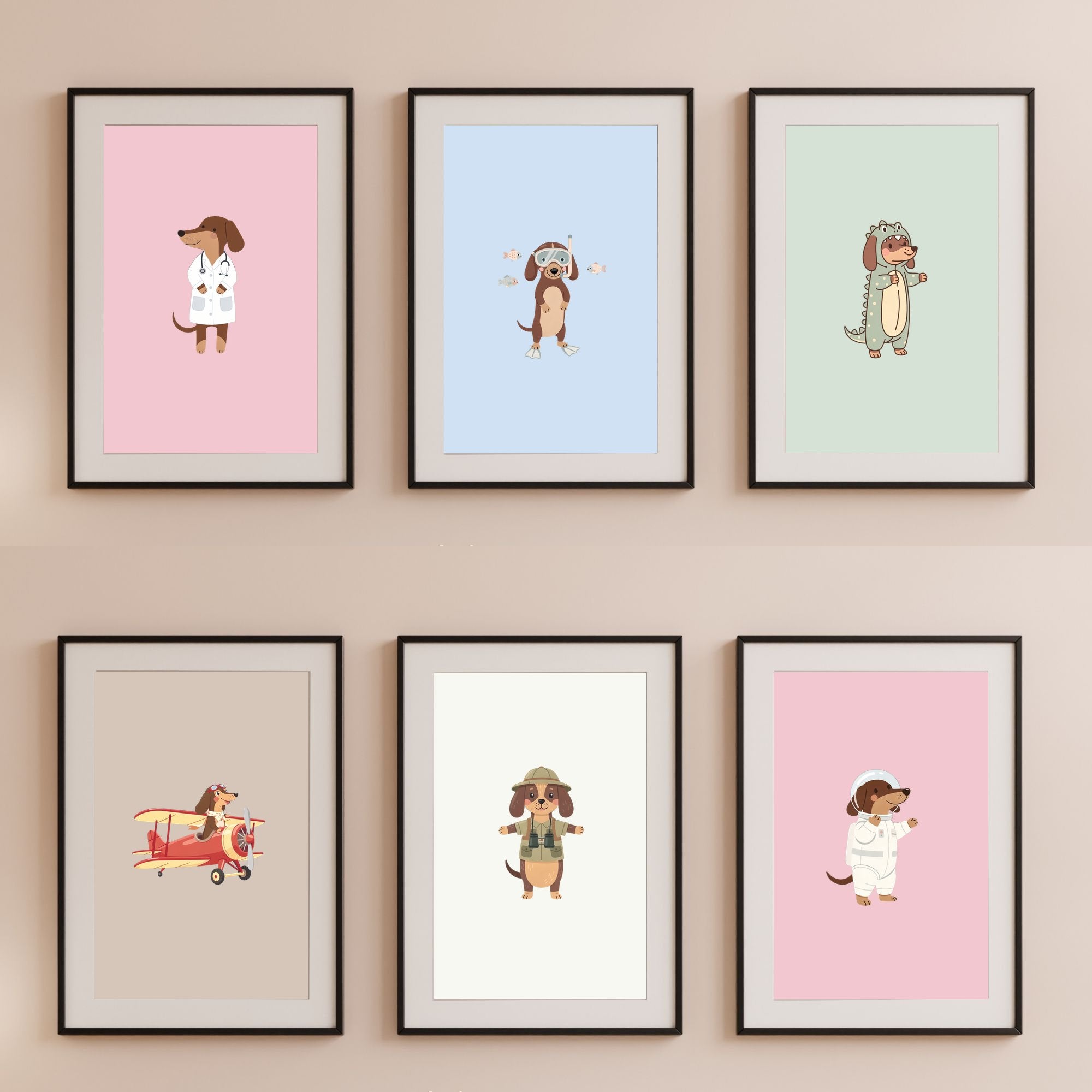 Dachshund Kids Nursery Wall Art Print Bundle — 22 Dog Costume Designs, 5 Colours, 6 Print Sizes | Digital Download