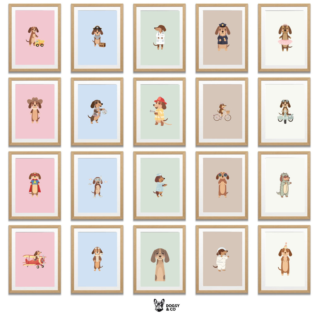 Dachshund Kids Nursery Wall Art Print Bundle — 22 Dog Costume Designs, 5 Colours, 6 Print Sizes | Digital Download