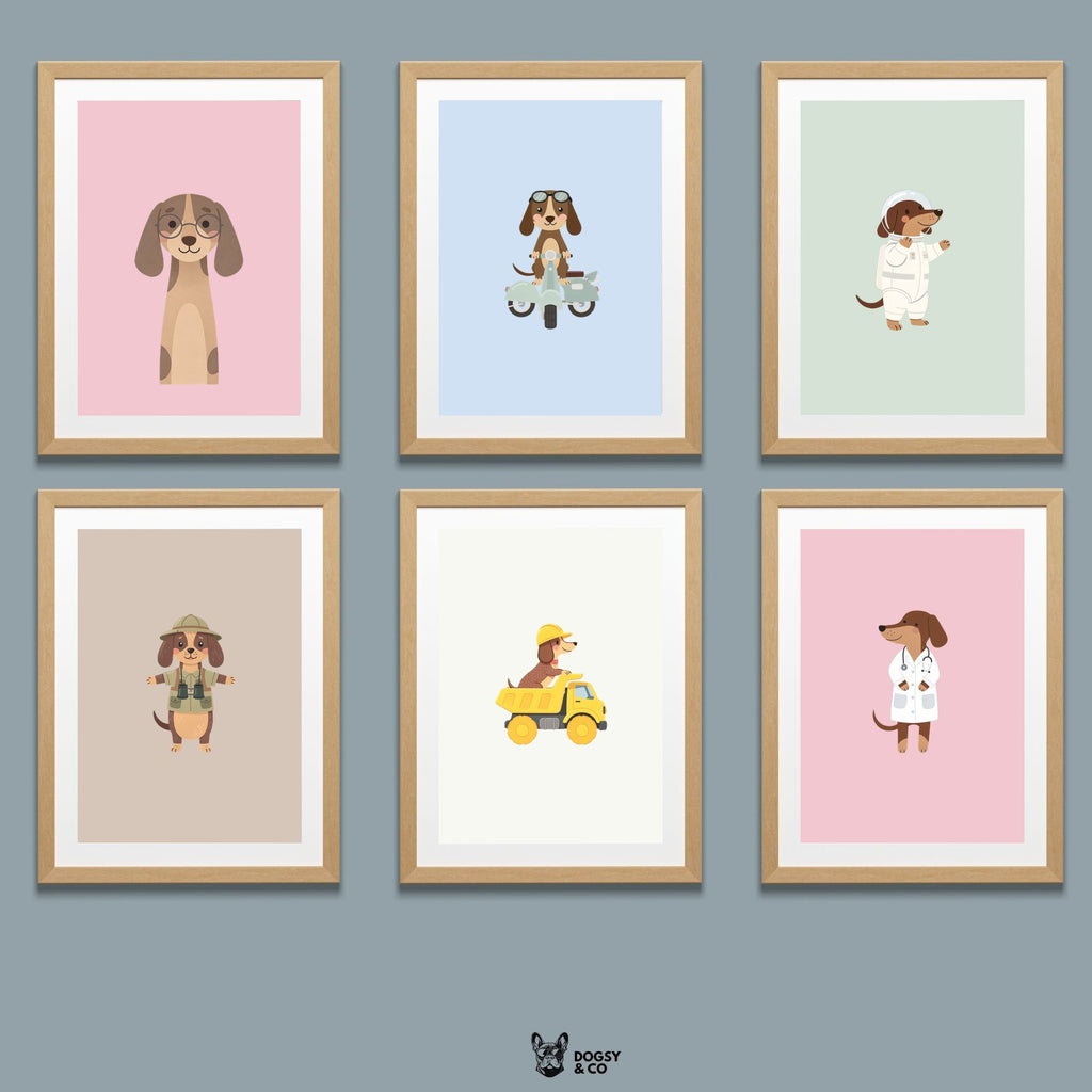 Dachshund Kids Nursery Wall Art Print Bundle — 22 Dog Costume Designs, 5 Colours, 6 Print Sizes | Digital Download