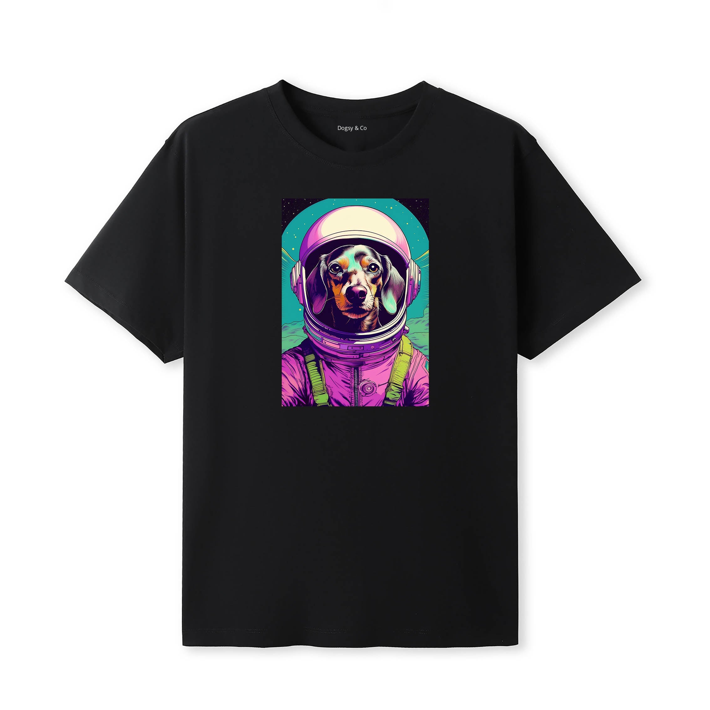 Dachshund Space Dogs T-Shirt colourful astronaut dog artwork in a retro space design