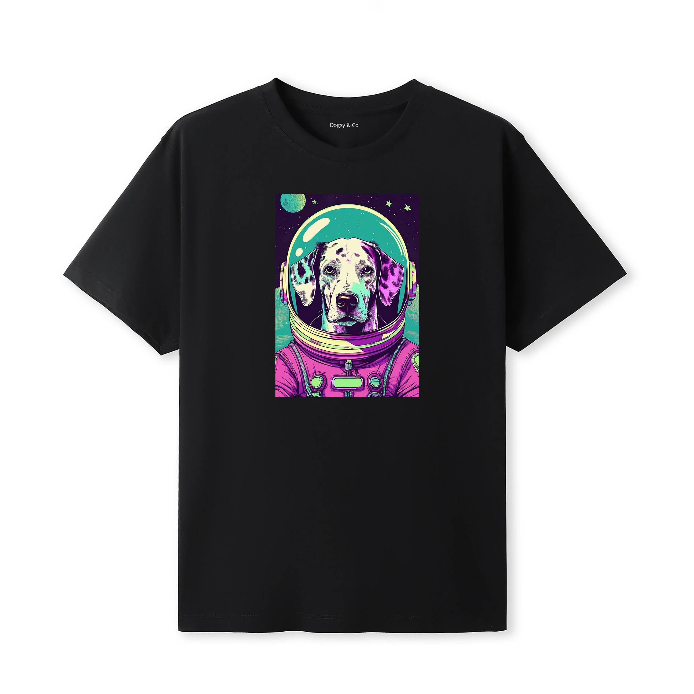 Dalmatian Space Dogs T-Shirt colourful astronaut dog artwork in a retro space design