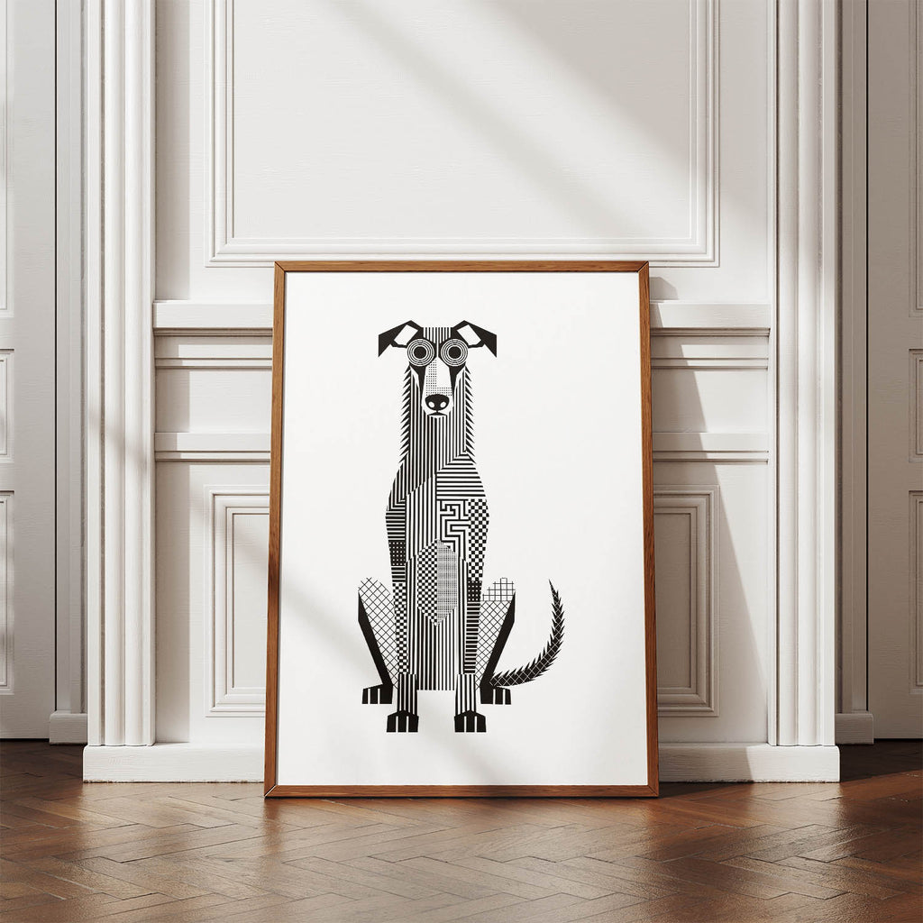 Deerhound Geometric Line Art Print - Framed Mockup