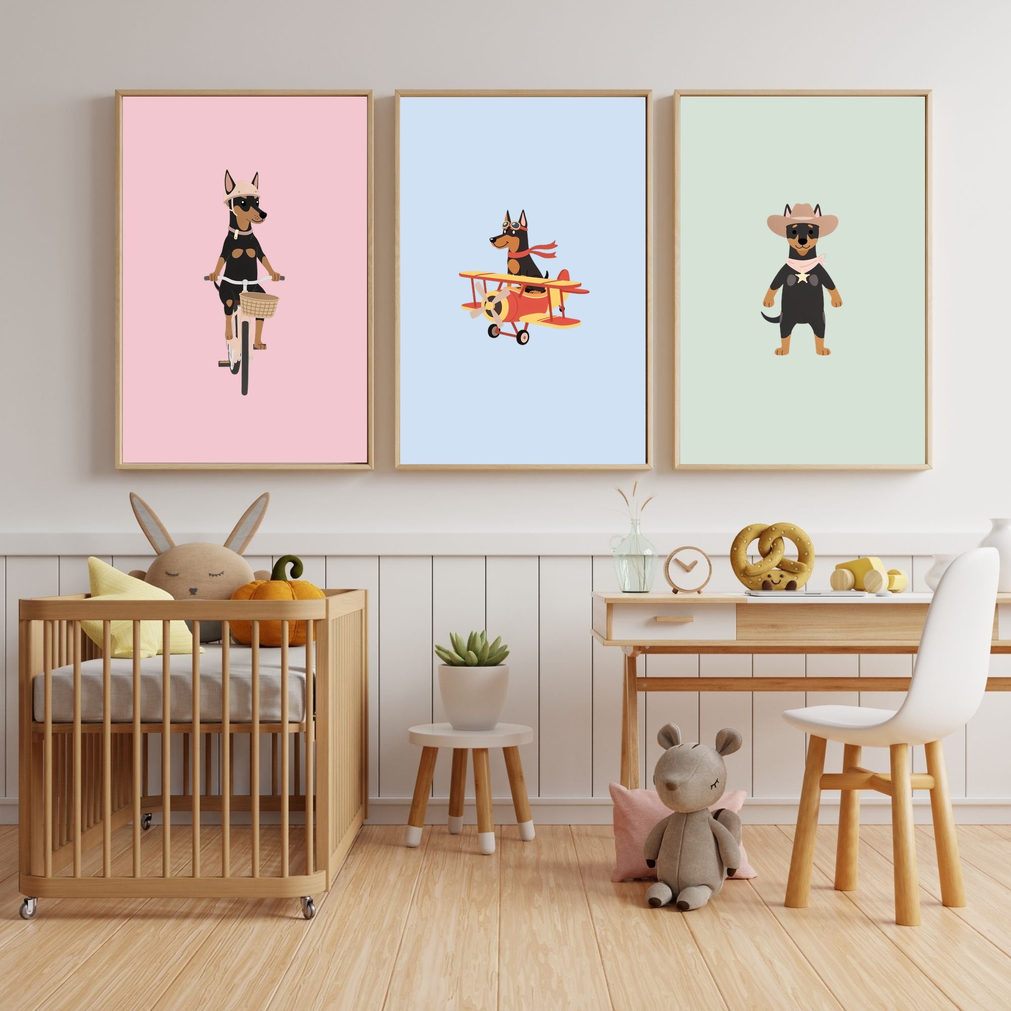 Doberman Kids Nursery Wall Art Print Bundle — 22 Dog Costume Designs, 5 Colours, 6 Print Sizes | Digital Download