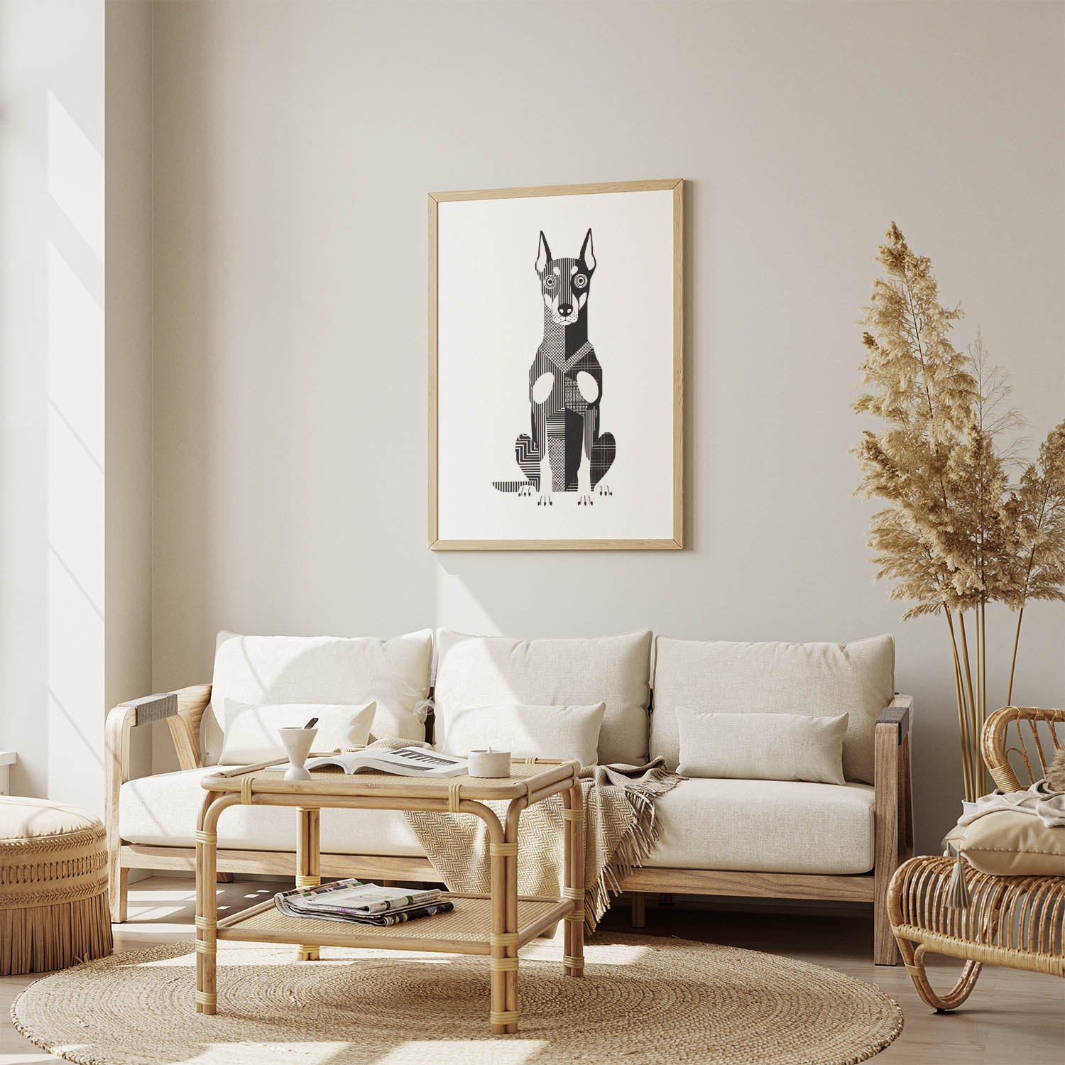 Doberman Geometric Line Art Print - Framed Mockup