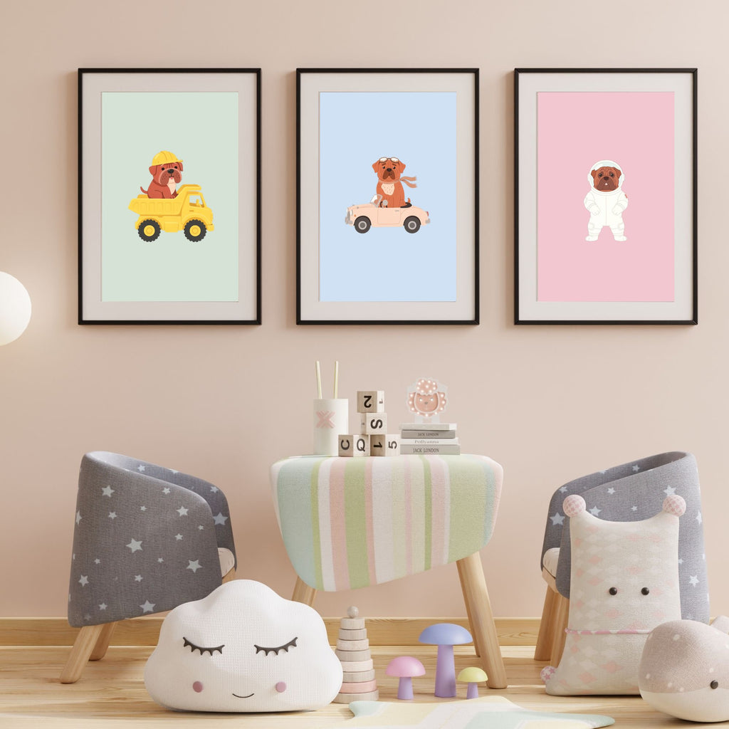 Dogue de Bordeaux Kids Nursery Wall Art Print Bundle — 22 Dog Costume Designs, 5 Colours, 6 Print Sizes | Digital Download
