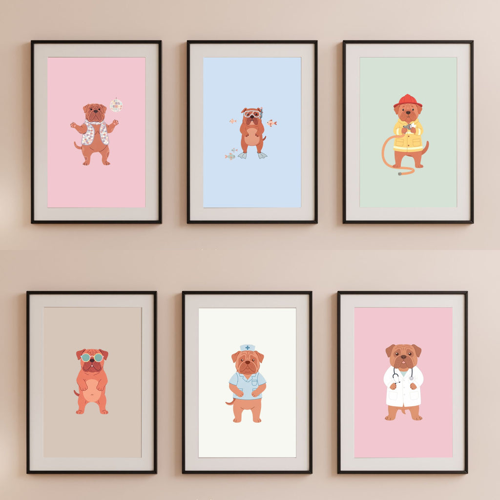 Dogue de Bordeaux Kids Nursery Wall Art Print Bundle — 22 Dog Costume Designs, 5 Colours, 6 Print Sizes | Digital Download