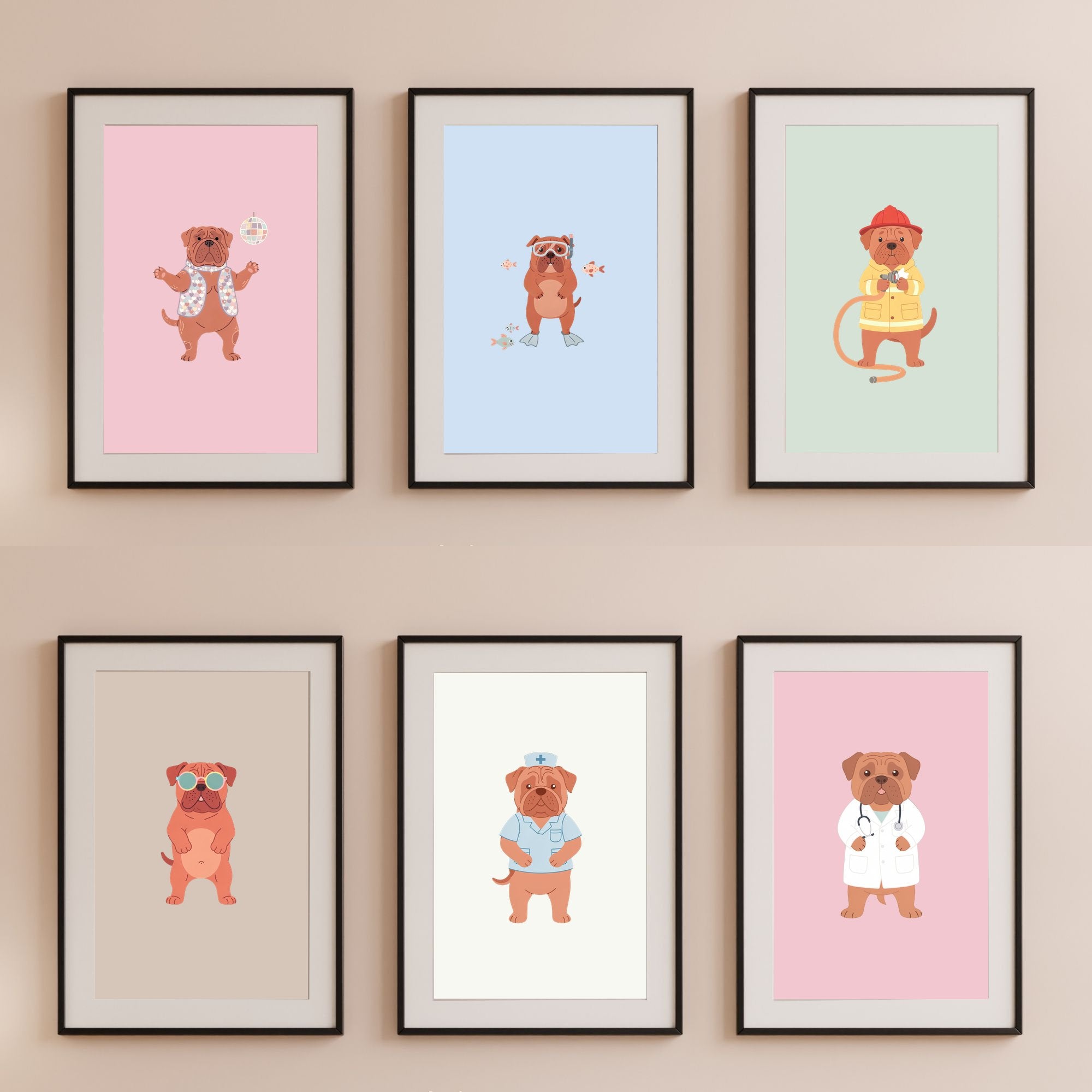 Dogue de Bordeaux Kids Nursery Wall Art Print Bundle — 22 Dog Costume Designs, 5 Colours, 6 Print Sizes | Digital Download