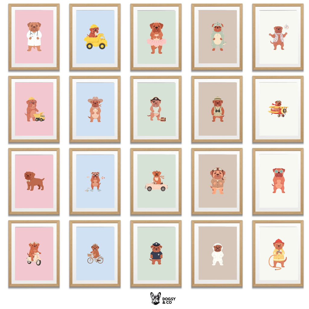 Dogue de Bordeaux Kids Nursery Wall Art Print Bundle — 22 Dog Costume Designs, 5 Colours, 6 Print Sizes | Digital Download