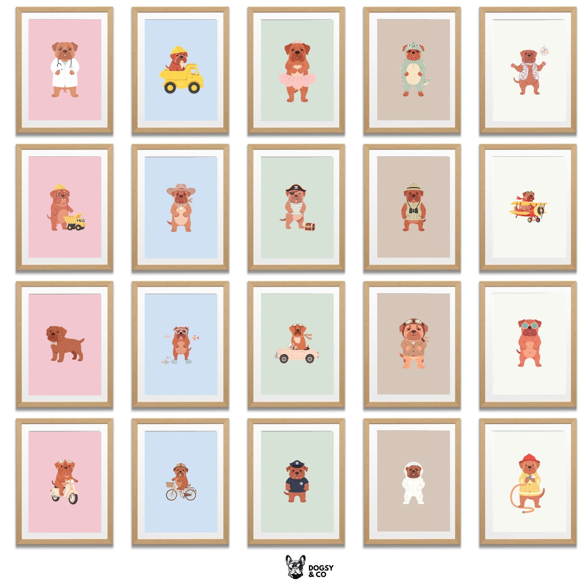 Dogue de Bordeaux Kids Nursery Wall Art Print Bundle — 22 Dog Costume Designs, 5 Colours, 6 Print Sizes | Digital Download